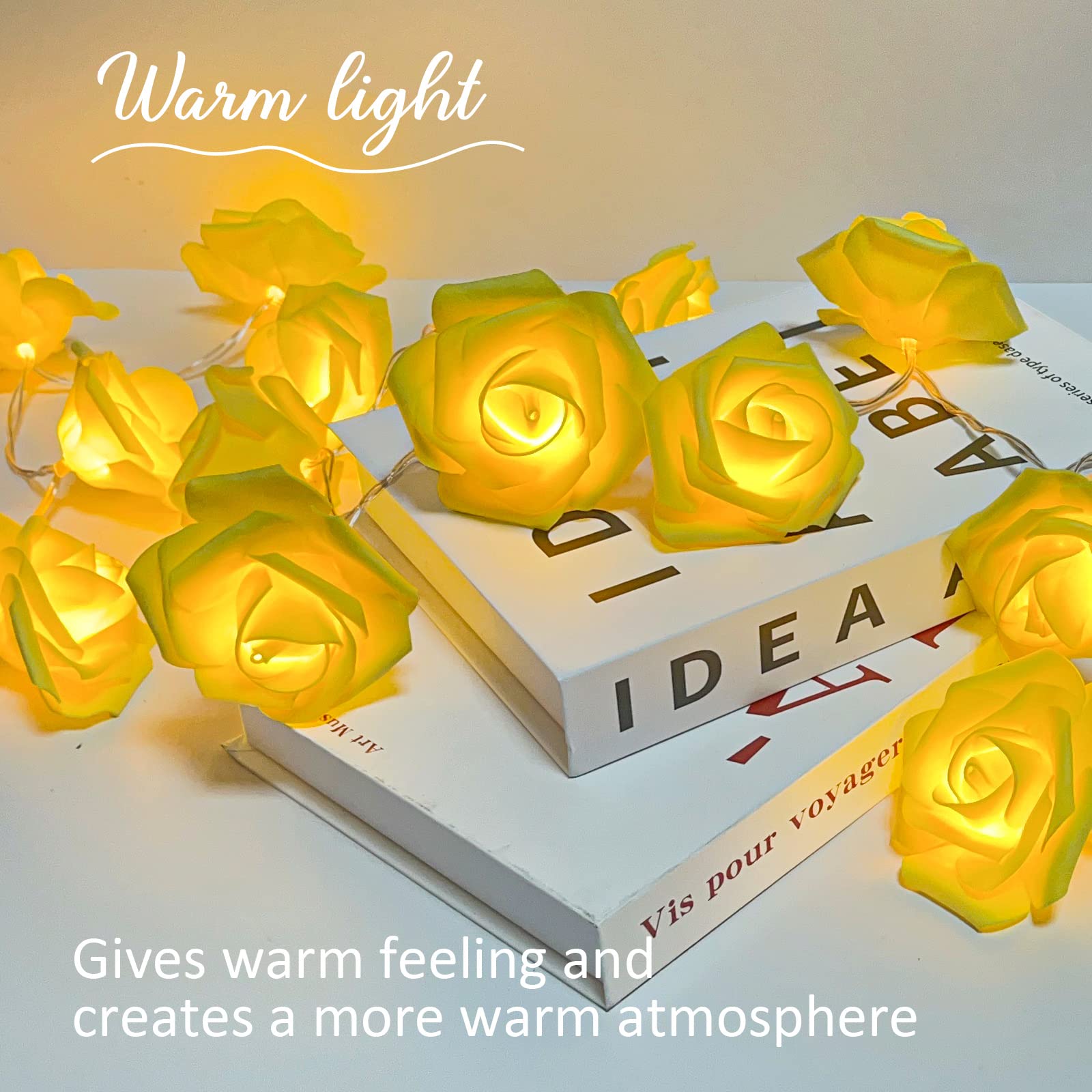 VIPMOON 20LED Rose Flower String Lights - 2M Battery Operated Fairy Lights with Warm Yellow Glow for Wedding, Garden, Party & Home Decoration | Romantic Ambiance Lighting for Bedroom, Patio and Special Events
