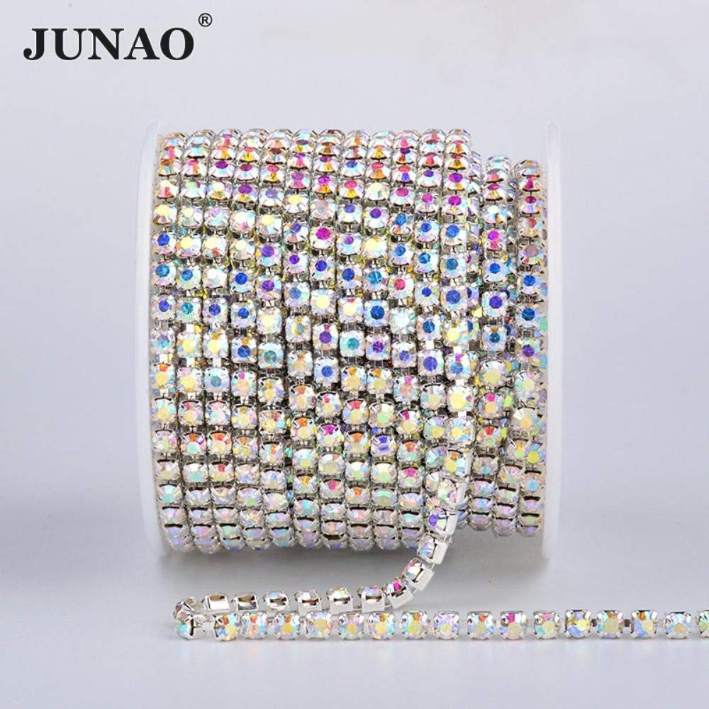 SS6 12 16 18 Gold AB Rhinestones Cup Chain Ribbon - Glass Crystal Applique Metal Trim Strass Fringe Banding for Clothing (10 Yards) - Perfect for Costume Design, DIY Fashion & Dress Embellishment