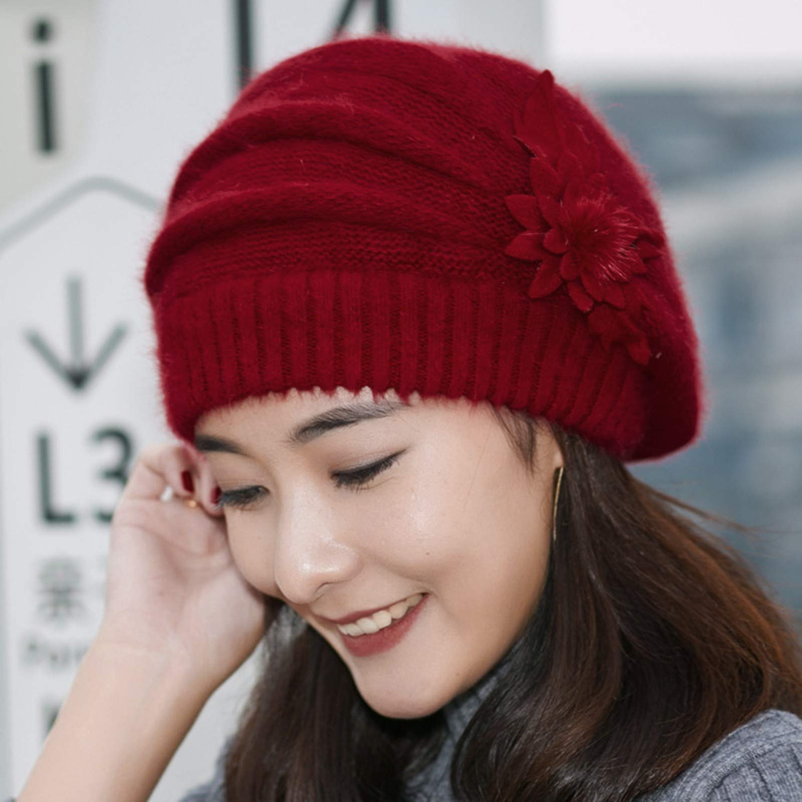 Women's Crochet Slouchy Beanie - Winter Warm Knitted Hat with Fashion Flower Design, Soft Beret Style for Cold Weather (Red, One Size) | Perfect for Outdoor Activities, Snow Days & Winter Fashion