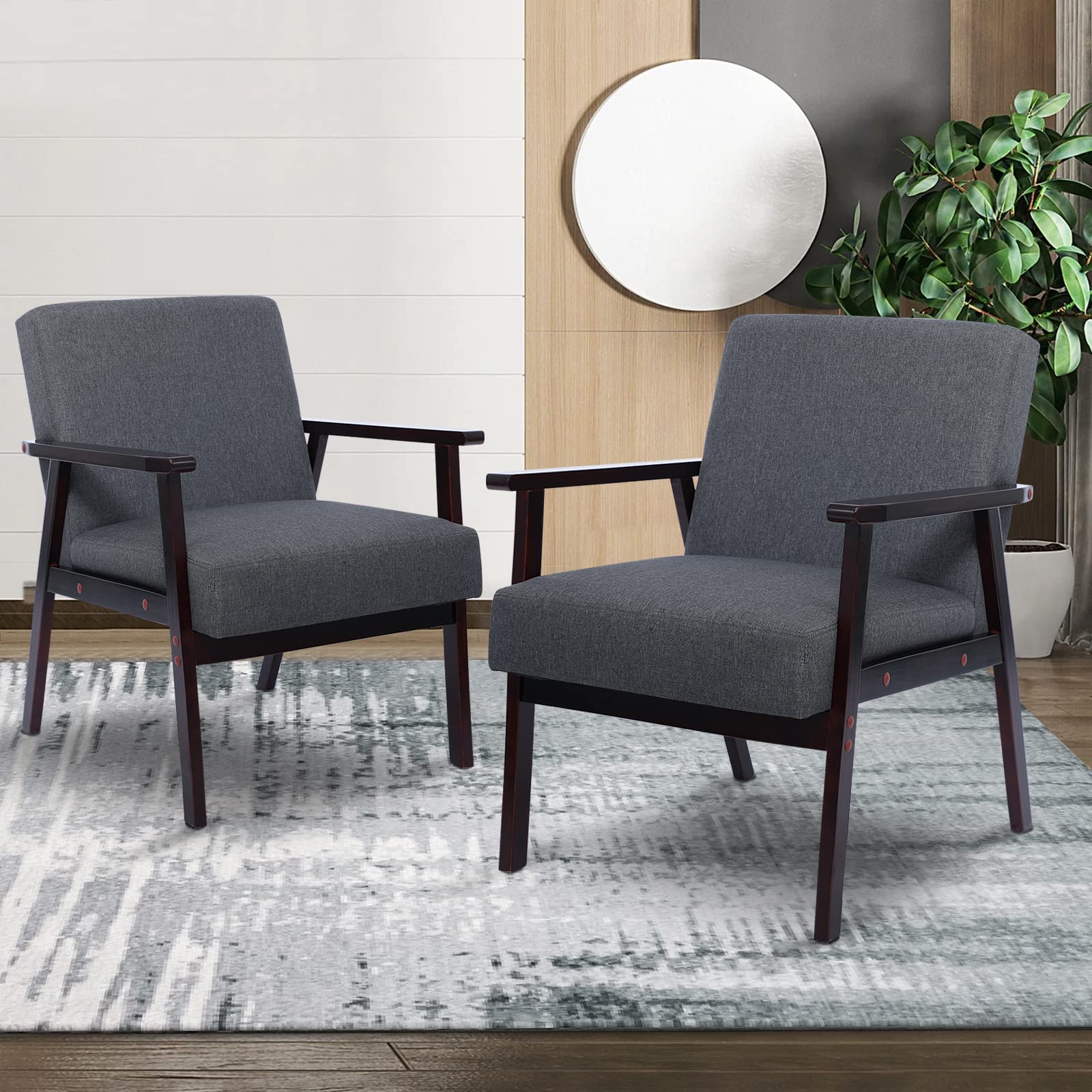 Mid Century Modern Faux Leather Armchair Set of 2 - Solid Wood Accent Chairs with Upholstered Seat, Low Lounge Reading Chairs for Living Room, Bedroom & Home Office - Grey (Perfect for Relaxing, Reading & Enhancing Your Home Decor)
