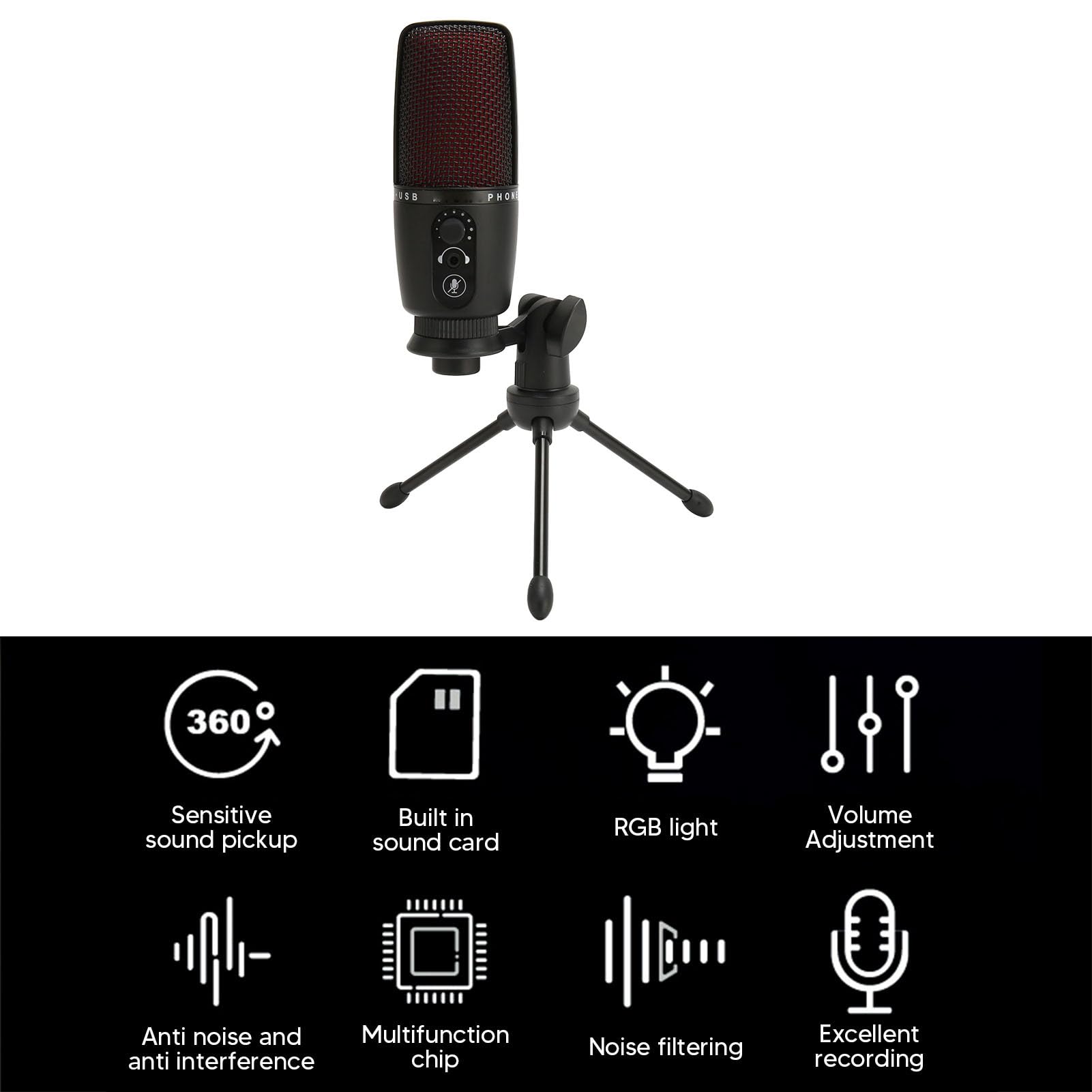 Professional USB Microphone with Cardioid Condenser & RGB Lighting - Noise Cancelling Podcast Mic with Adjustable Tripod Stand for Gaming, Streaming, Recording, Voice Chat (Perfect for Twitch, Discord & YouTube)