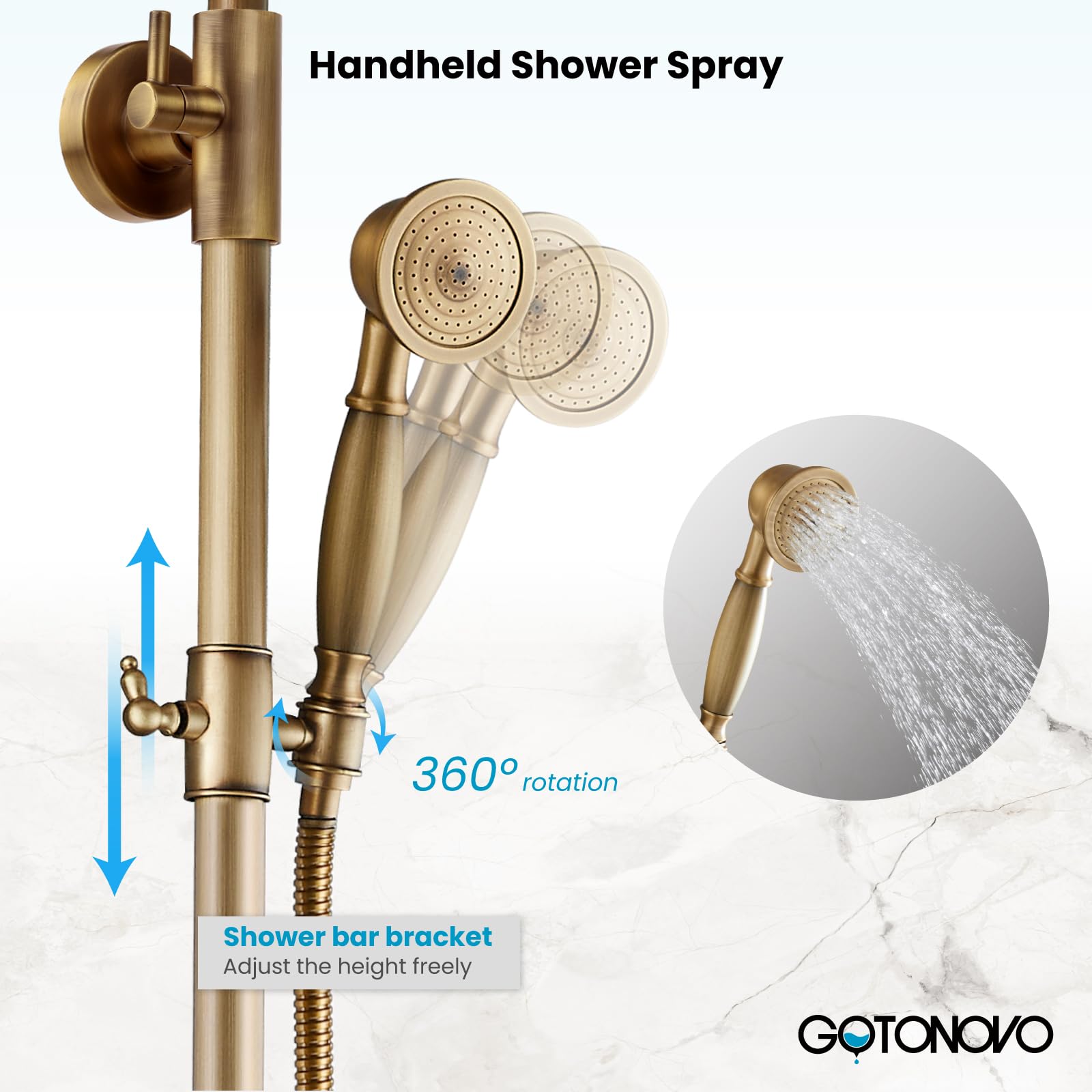 Gotonovo 8-Inch Rainfall Shower Head with Handheld Spray & Tub Spout - 3-Function Wall Mounted Antique Brass Bathroom Faucet Set with Shower Shelf - Perfect for Vintage Style Bathrooms & Spa-Like Showers