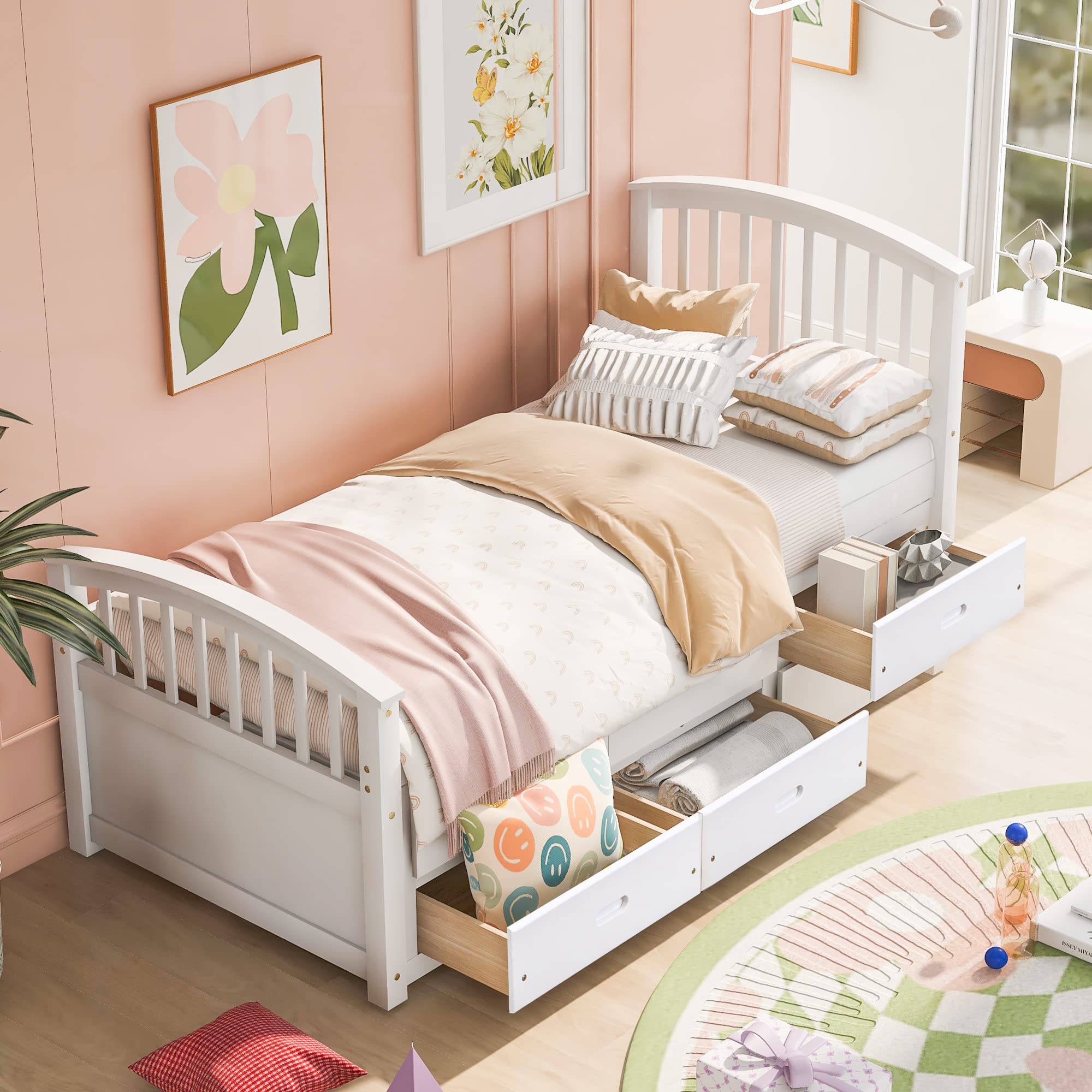 SOFTSEA Twin Size Wooden Bed Frame with 6 Storage Drawers - Platform Bed with Headboard & Footboard for Kids Bedroom - No Box Spring Needed - White - Perfect for Small Spaces & Guest Rooms