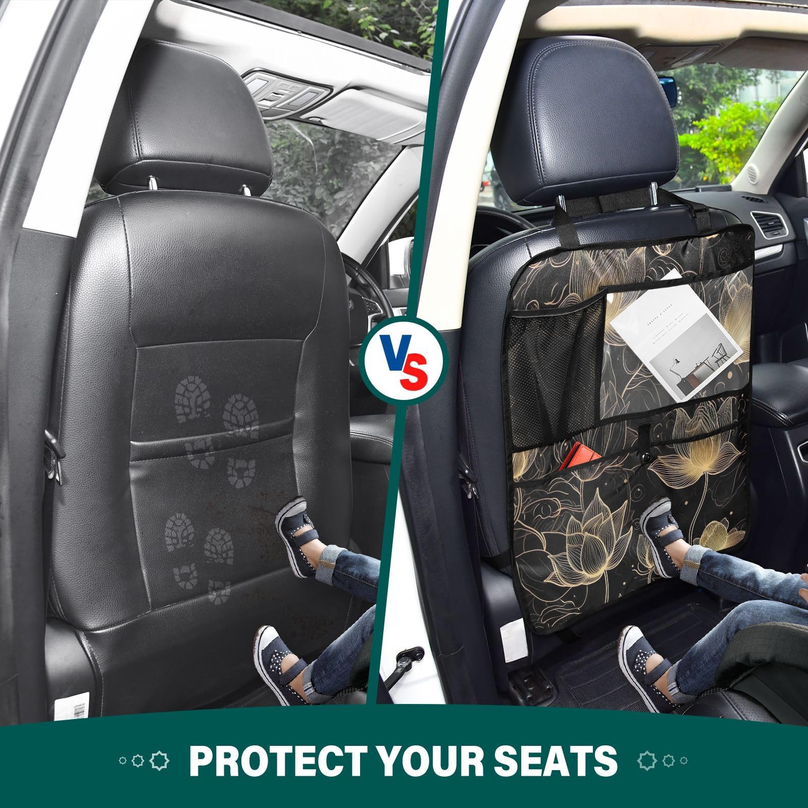 Golden Lotus Black Car Seat Protector with Storage Pockets - Waterproof Back Seat Cover with Kick Mats - Universal Fit for Cars, SUVs & Trucks - Protect Seats from Kids, Pets & Spills (Perfect for Family Road Trips & Daily Commute)
