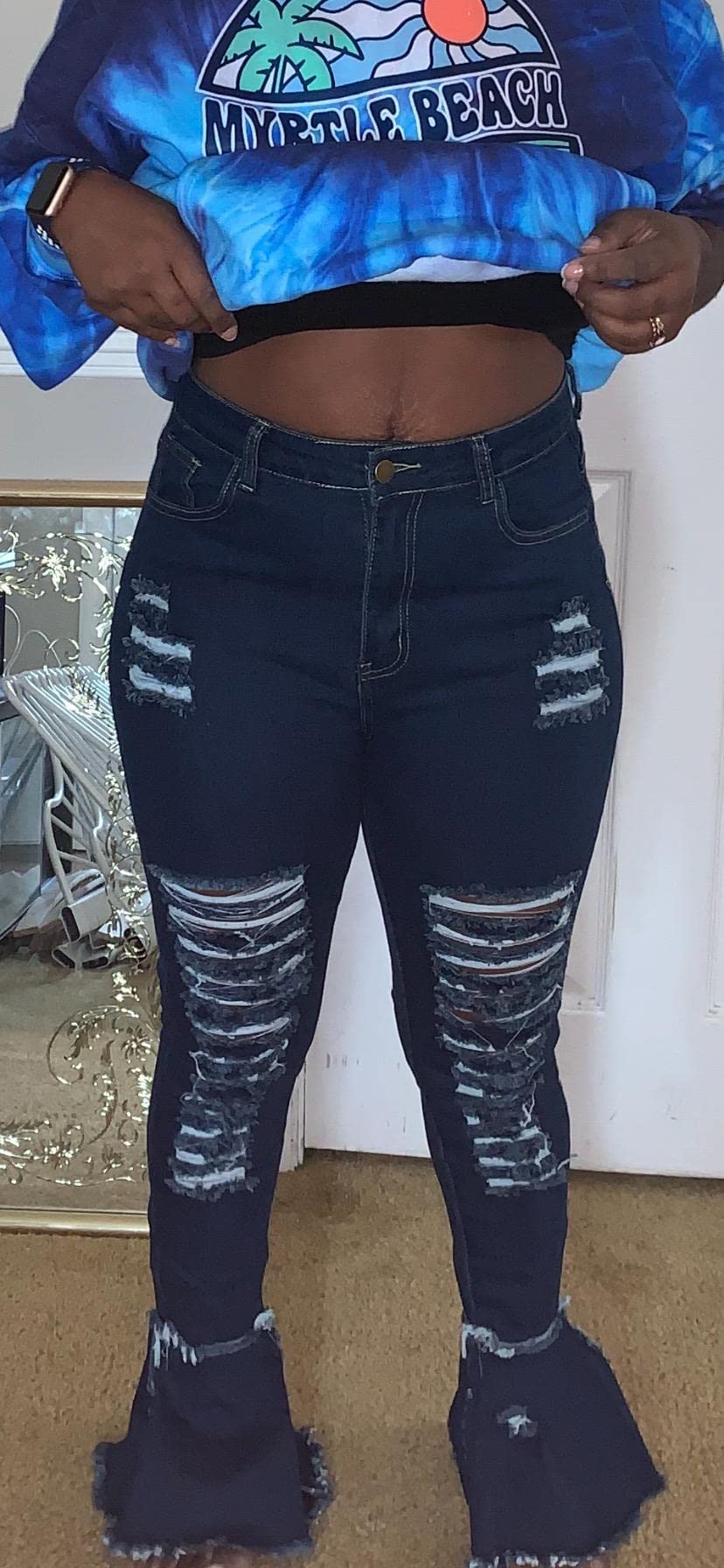 Women's High Waisted Bell Bottom Jeans - Distressed Ripped Flare Denim Pants with Elastic Waist & Raw Hem | Retro 70s Vintage Style for Casual Outfits & Music Festivals