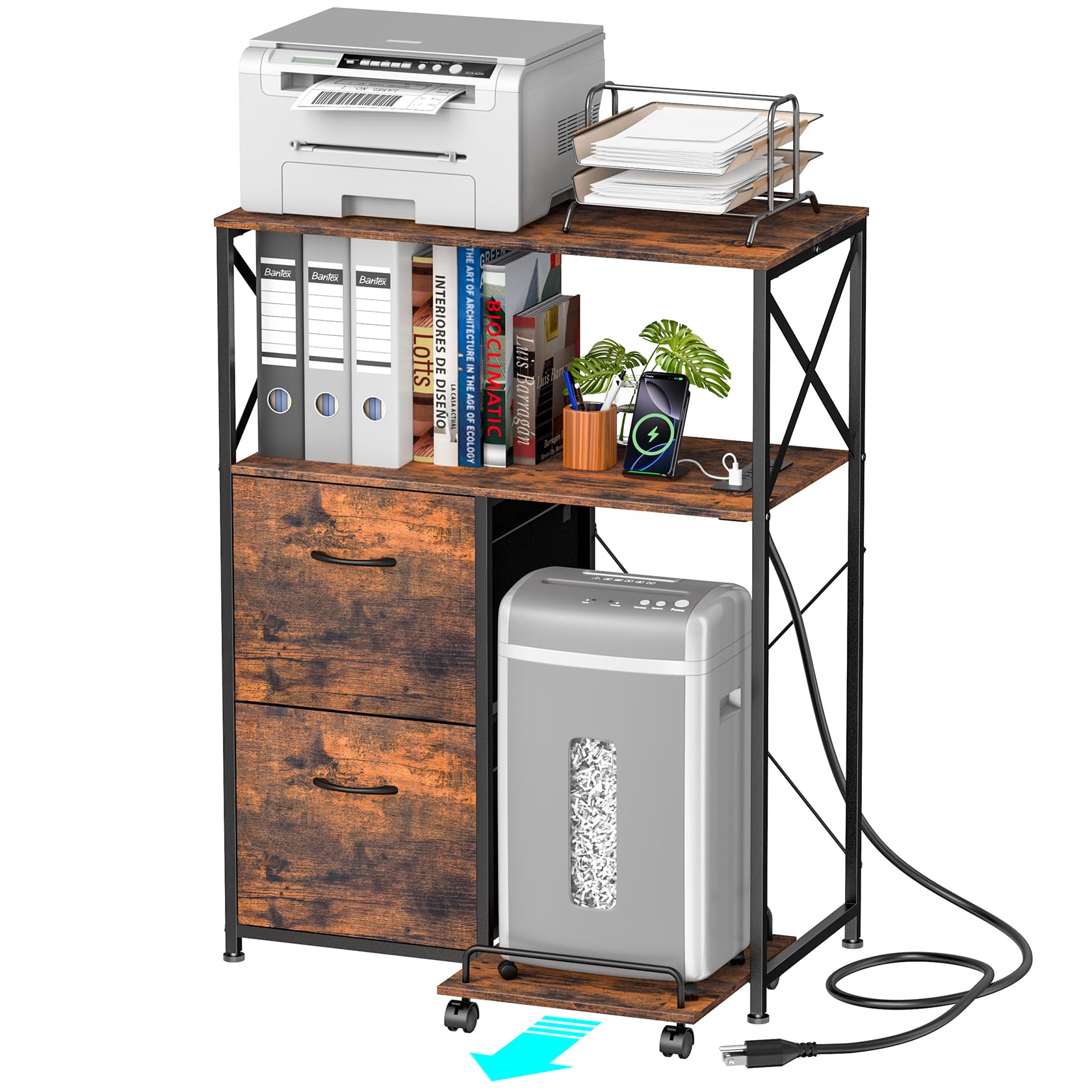 2 Drawer File Cabinet with Charging Station - Vertical Office Storage & Printer Stand for Home & Workspace - Organize PC Tower, Host Computer & Documents - Perfect for Small Offices & Remote Work