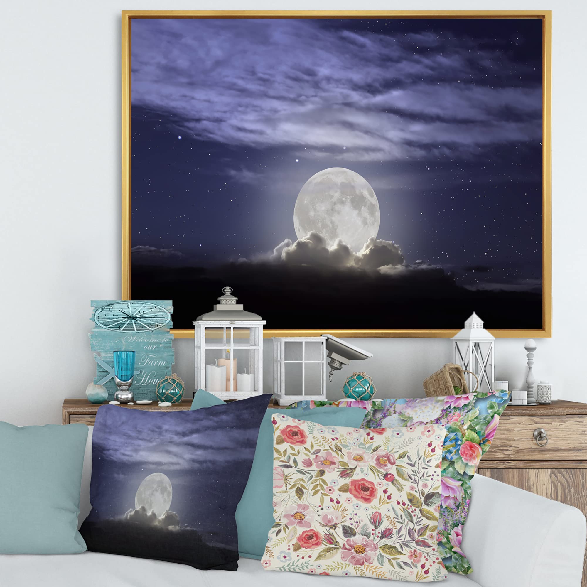 DesignQ Full Moon Rising in Cloudy Night - Coastal Framed Canvas Wall Art Print for Living Room, Bedroom & Office Decor