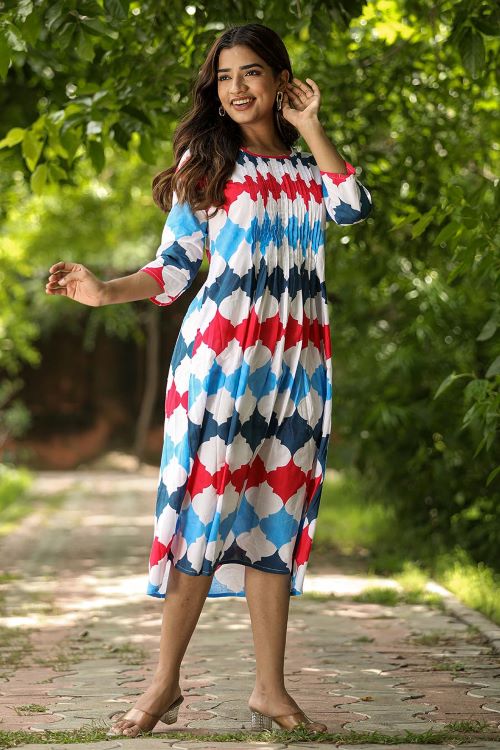 SootiSyahi 'Valley Of Flower' Handmade Block Printed Cotton Dress - Boho Chic Floral Summer Dress for Women, Perfect for Beach Vacations & Outdoor Festivals