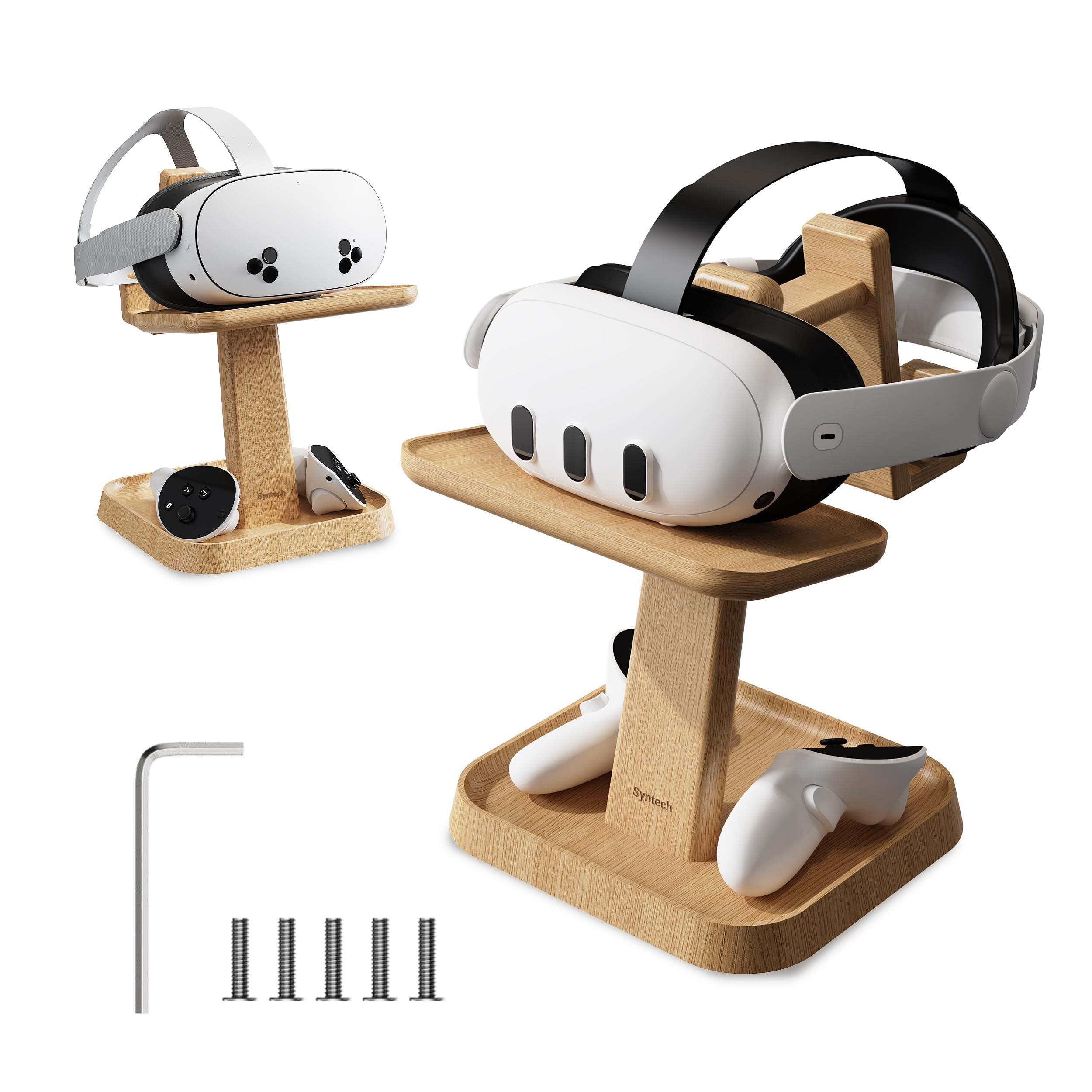 Syntech Universal Wooden VR Stand for Meta Quest 3/2/Vision Pro/Pico 4 - Headset Holder with Storage Base for VR Accessories & Elite Strap | Perfect Gaming Setup for Living Room, Bedroom & VR Gaming Stations
