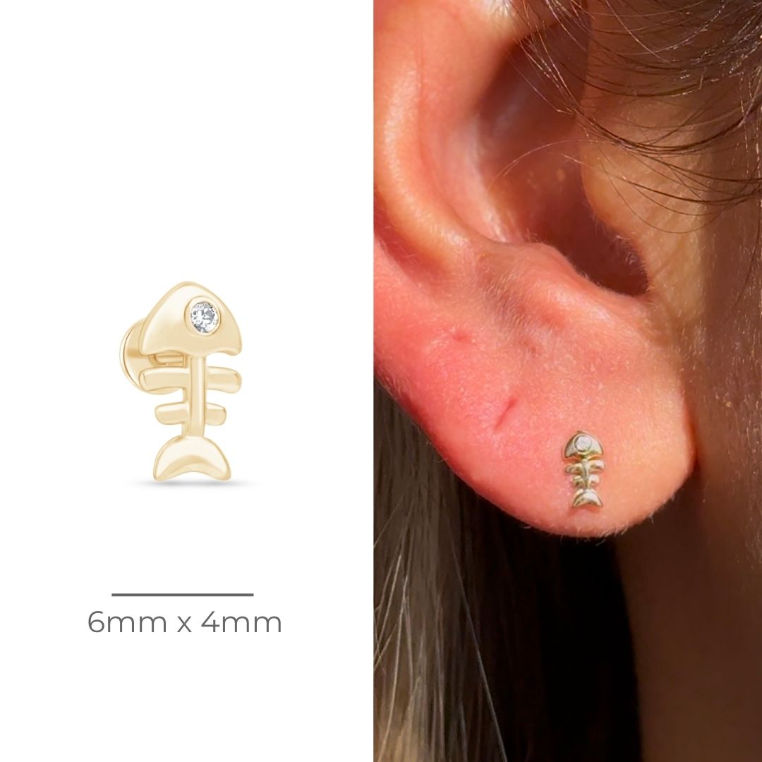 14K Solid Yellow Gold Fishbone Flat Back Stud Earrings - Elegant & Hypoallergenic for Sensitive Ears, Perfect for Daily Wear, Parties & Special Occasions