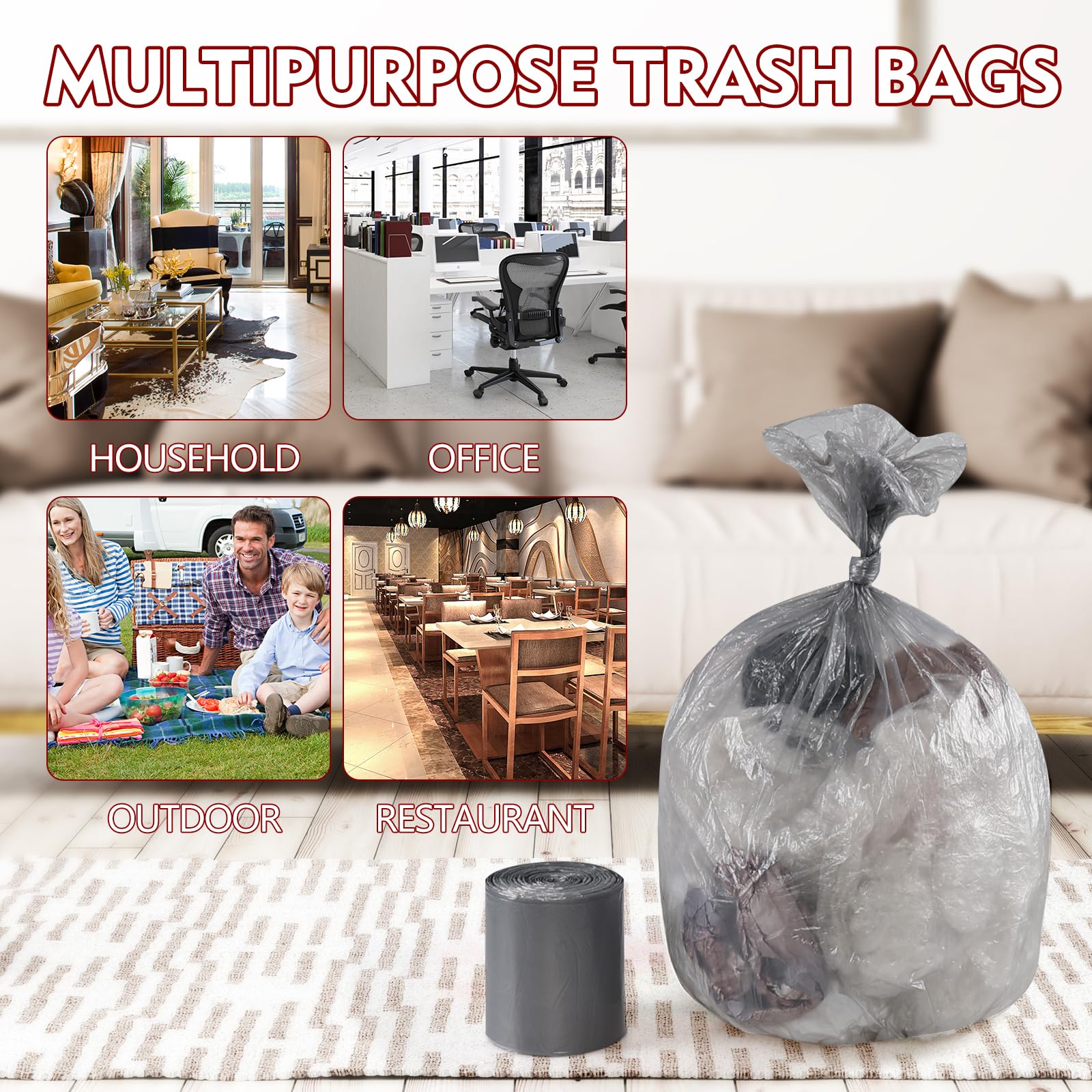 Anbers 7 Gallon Trash Bags - Heavy Duty Kitchen Garbage Bags, Grey, Odor Control, Leak Proof - Perfect for Small Trash Cans, Bathroom, Office & Diaper Disposal