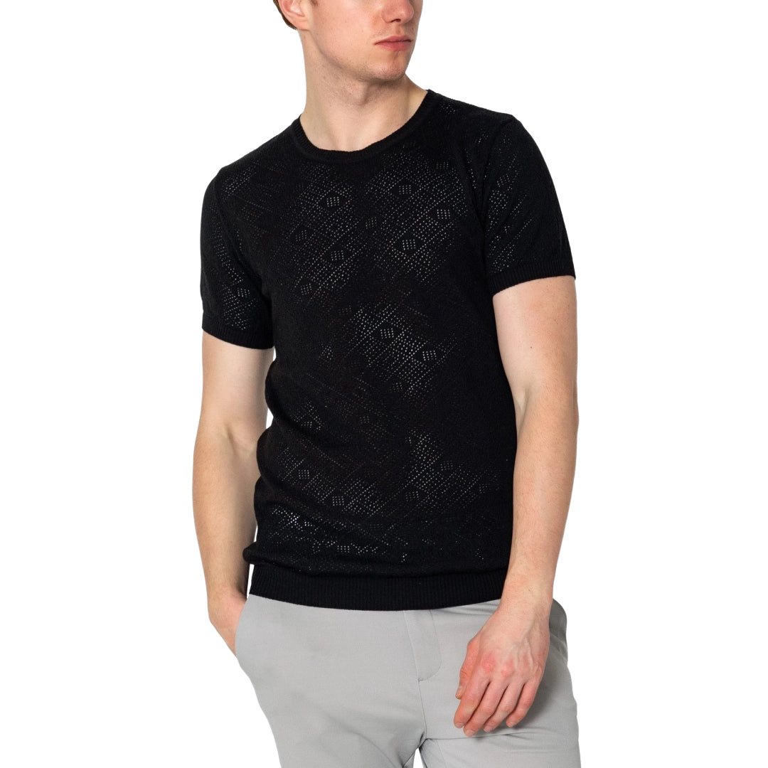 RNT23 Geometric Crochet T-Shirt for Women - Stylish Black Cotton Top for Casual Wear, Summer Outfits & Boho Fashion