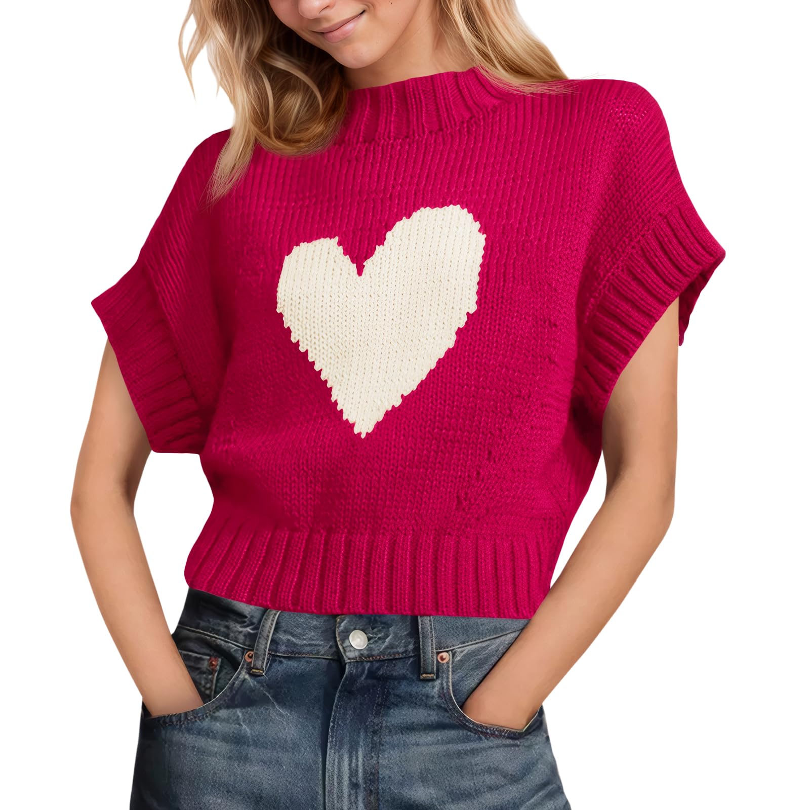 Saodimallsu Women's Heart Print Cropped Knit Sweater - Cute Cap Sleeve Mock Neck Valentine's Day Top for Casual Wear & Date Nights