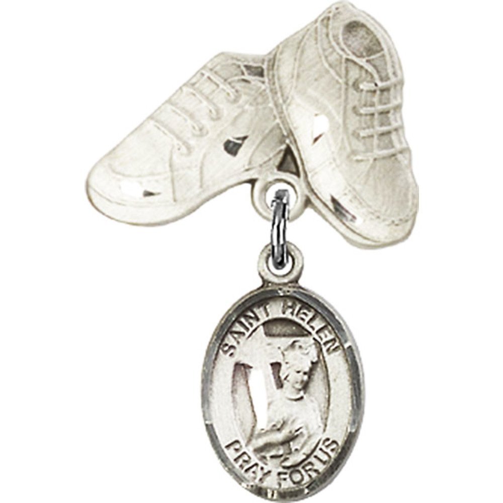 Bonyak Sterling Silver St. Helen Medal Charm with Baby Boots Pin - Religious Jewelry for Baptism, Christening & First Communion Gifts (1 x 5/8 inches)