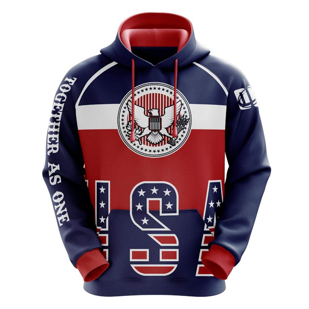 Custom USA Flag Sublimated Hoodie - Blue & Red Patriotic Pullover for Men & Women - Perfect for Sports, Outdoor Activities & Casual Wear