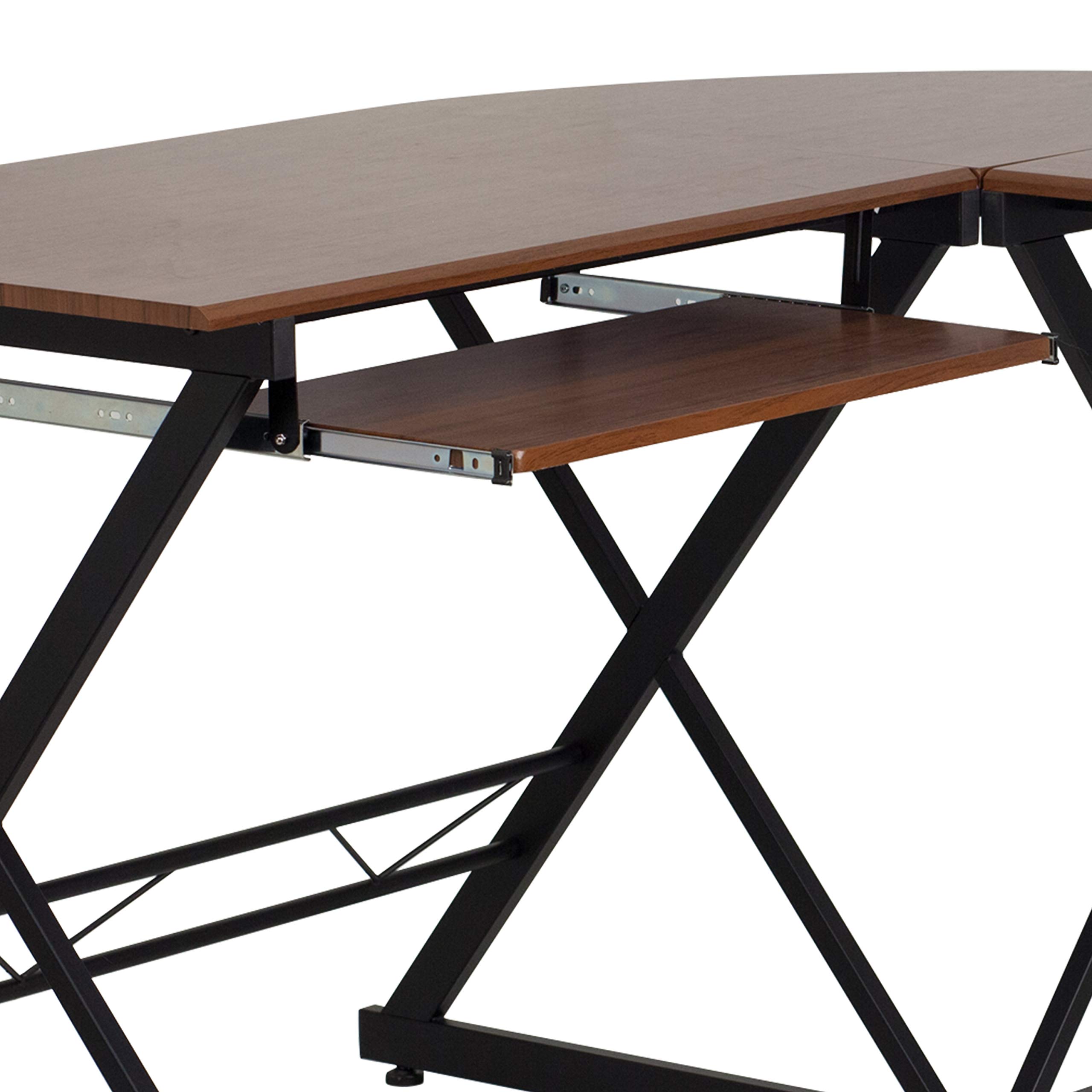 EMMA + OLIVER Teakwood Laminate L-Shape Computer Desk with Keyboard Tray - Modern Home Office Desk for Work & Study, Ergonomic Writing Desk with Storage Shelf for Small Spaces