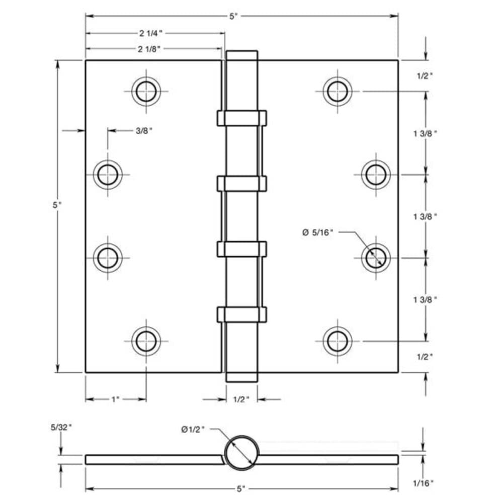 Square Ball Bearing Hinge - Bright Brass Finish - 5 Pack - Smooth & Quiet Cabinet Door Hardware for Kitchen, Bathroom & Furniture