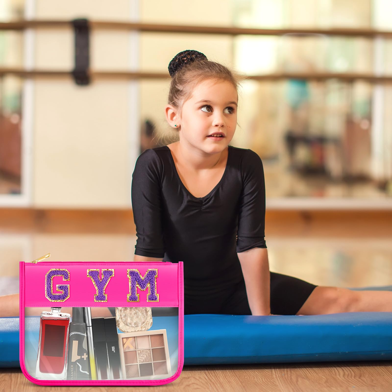 2-Pack Pink Preppy Gym Letter Cosmetic Bags with Clear Zipper Pouch - Cute Gymnastics Gifts for Women, Travel Makeup Organizer - Perfect for Gymnast Party Favors, Dance Competitions & Sports Team Gifts