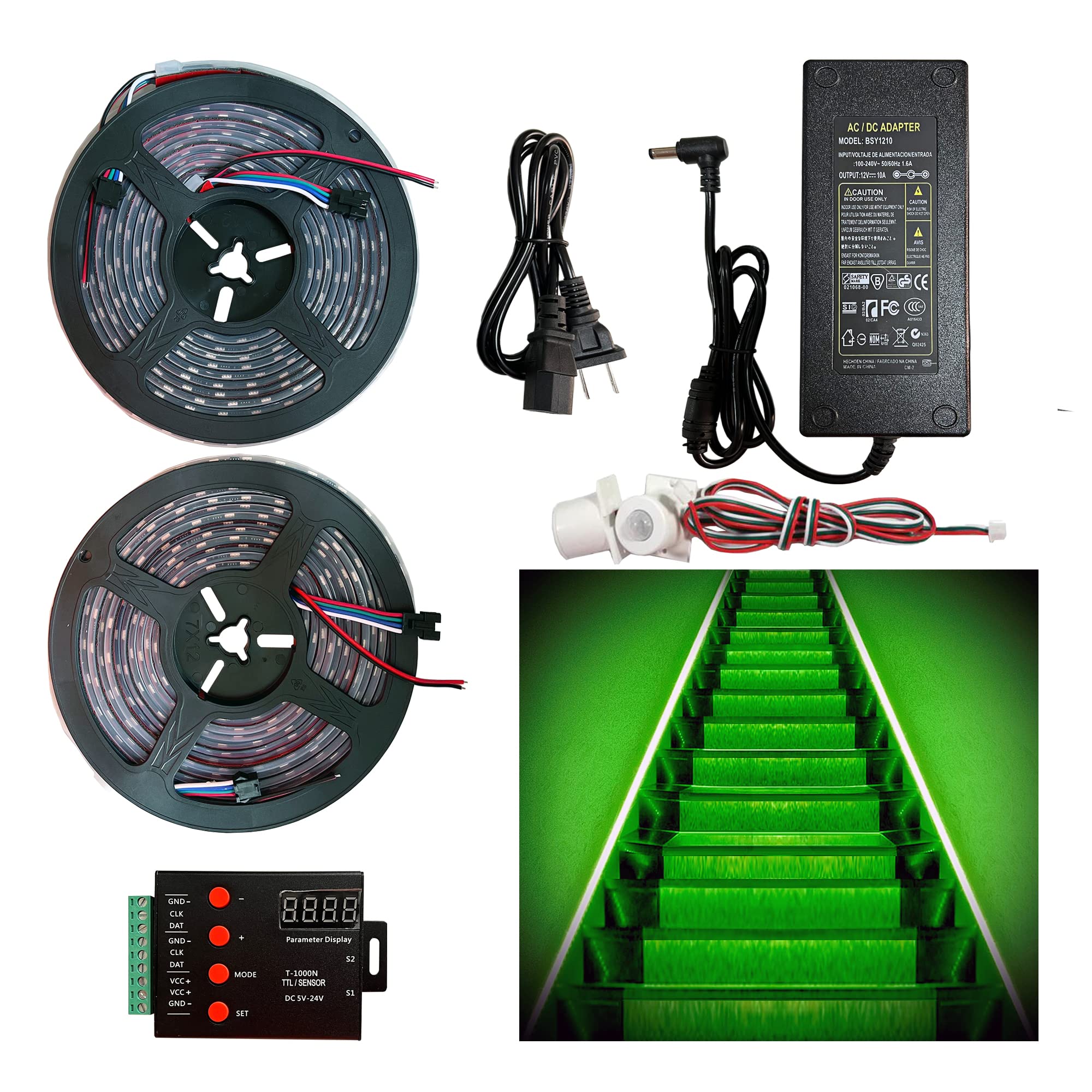 Flowing Water Two-Way Motion Sensor LED Stair Lights - 12V, 16.4FT Flexible Color-Changing Light Strip with PIR Sensor for Indoor/Outdoor Use (Plus Version) - Perfect for Staircase Lighting, Home Decoration, and Safety Night Lights