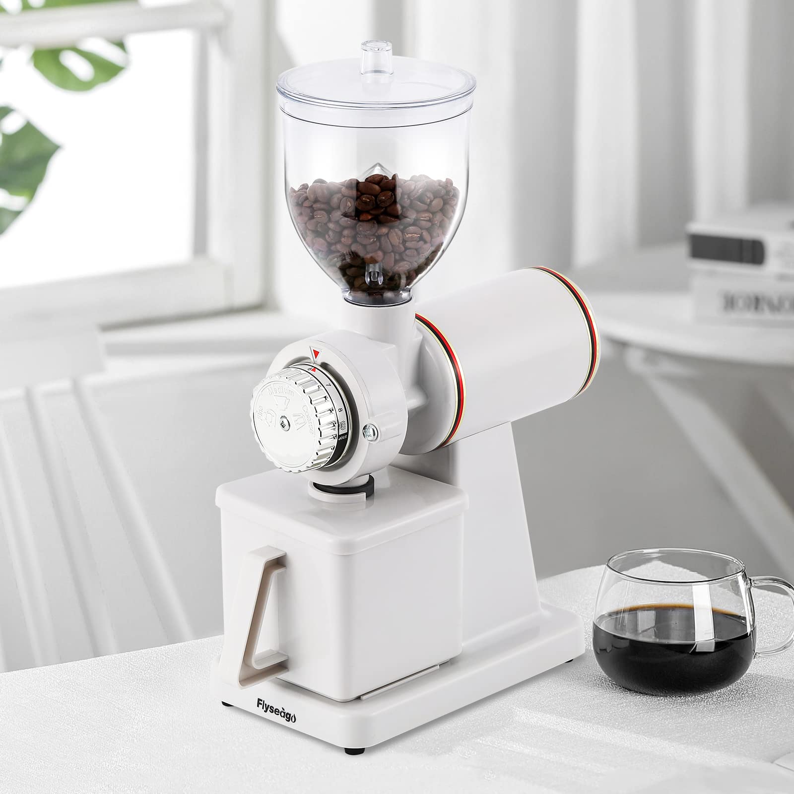 Premium Electric Burr Coffee Grinder for Espresso & Drip Coffee - Commercial & Home Use with Adjustable Grind Settings, Silent Operation, Includes Hopper, Brush & Spoon (White) - Perfect for Coffee Shops, Offices & Home Brewing Enthusiasts