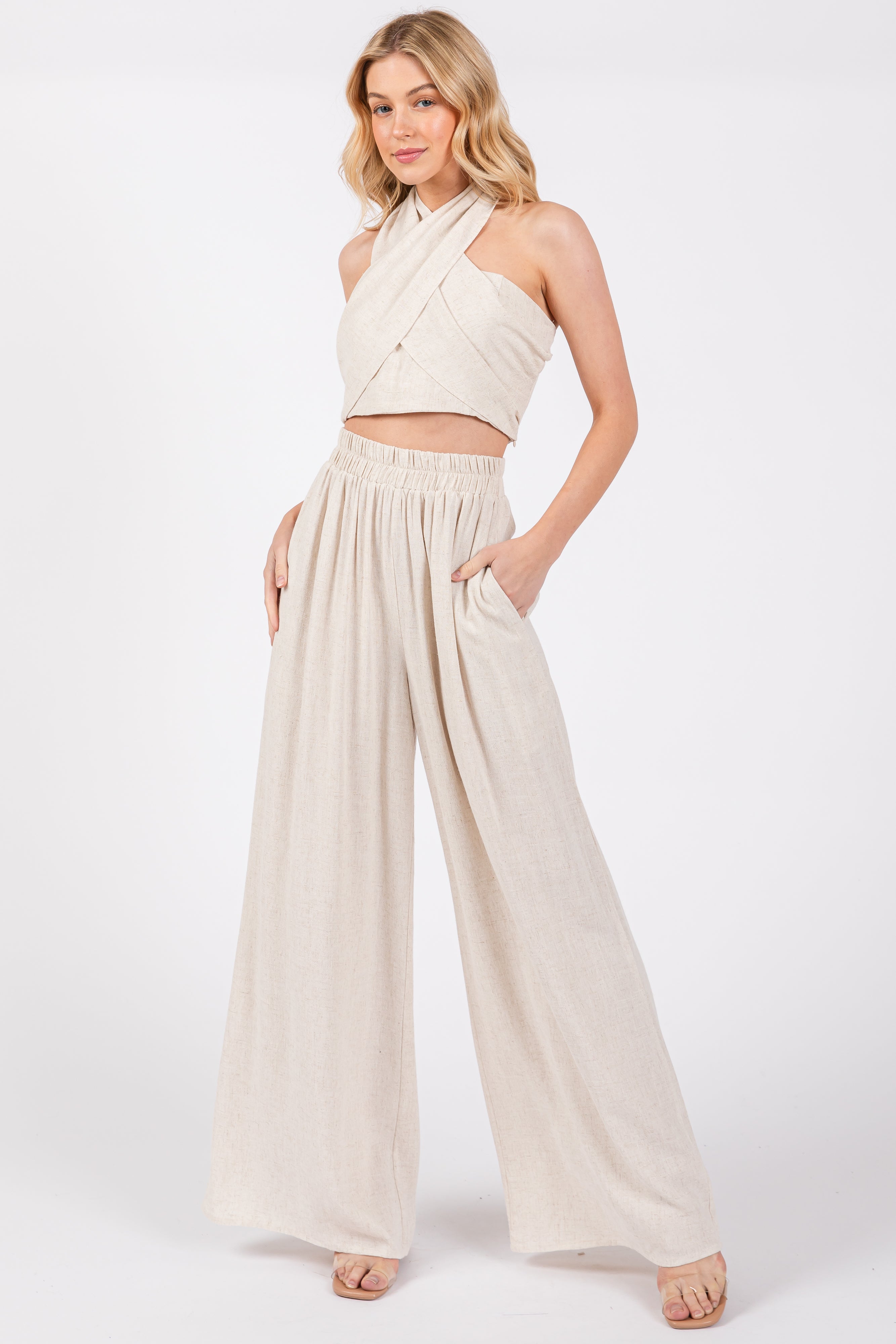 Beige Linen Smocked Top and Pants Set for Women - Summer Casual Outfit | Perfect for Beach Vacation, Brunch Dates & Boho Chic Style