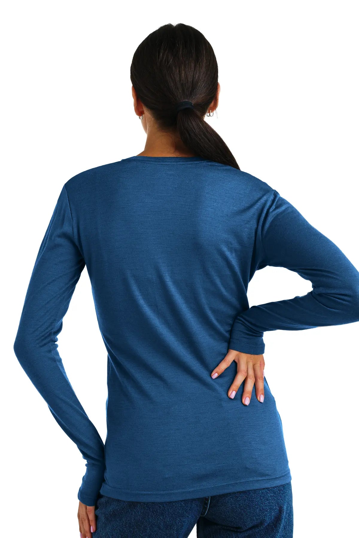 Women's Merino Wool Long Sleeve Shirt - 165 Denim Blue - Soft & Warm Base Layer for Hiking, Travel & Winter Outfits