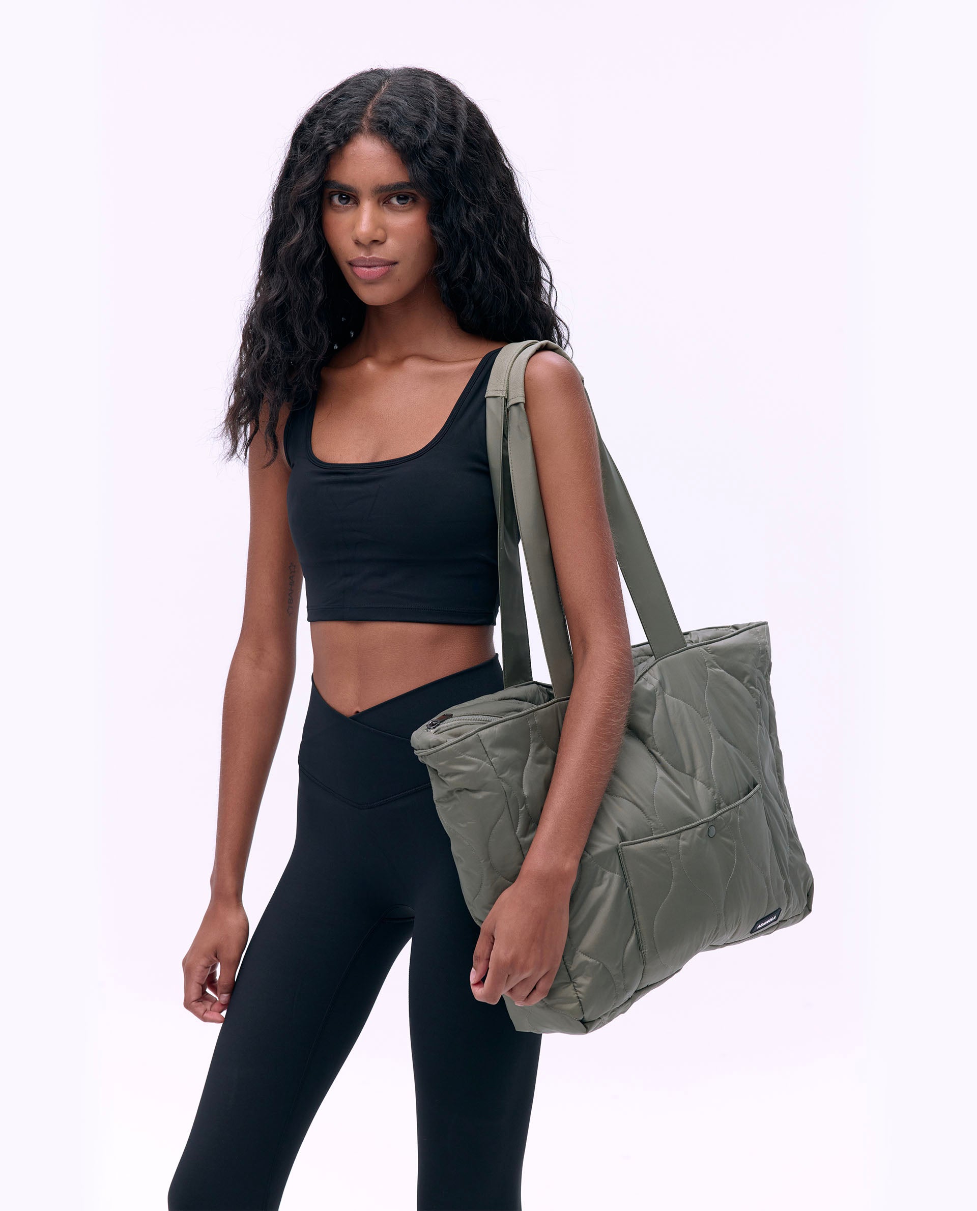 Quilted Nylon Tote Bag for Women - Olive Green Waterproof Shoulder Bag - Perfect for Work, Travel, Shopping & Daily Use