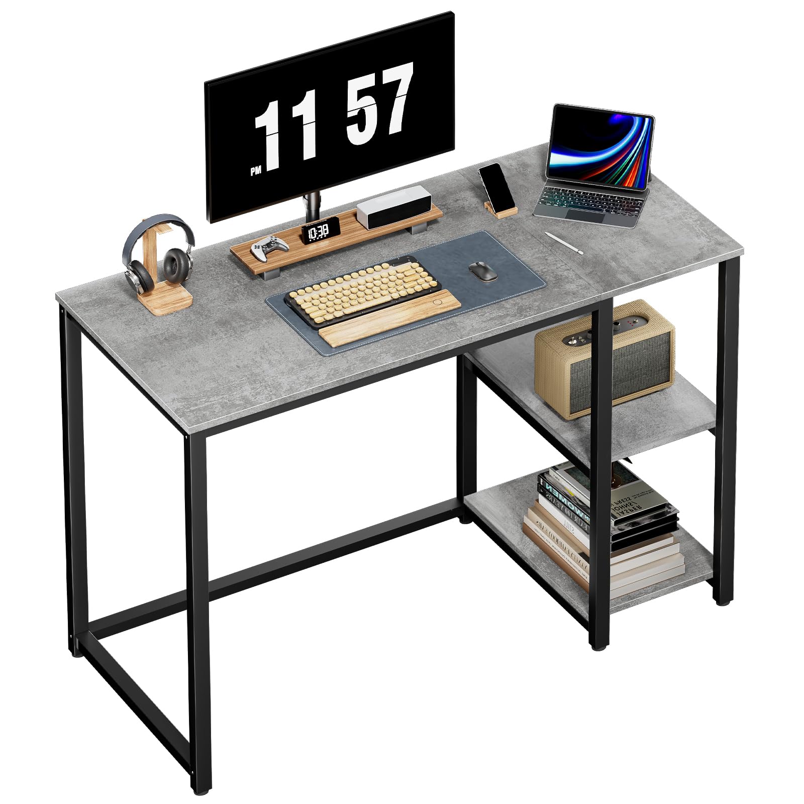 SINPAID 40-inch Modern Computer Desk with 2-Tier Shelves & Large Storage Space - Sturdy Home Office Desk, Gaming Desk, Study Writing Laptop Table (Gray) - Perfect for Small Spaces, Remote Work & Online Classes