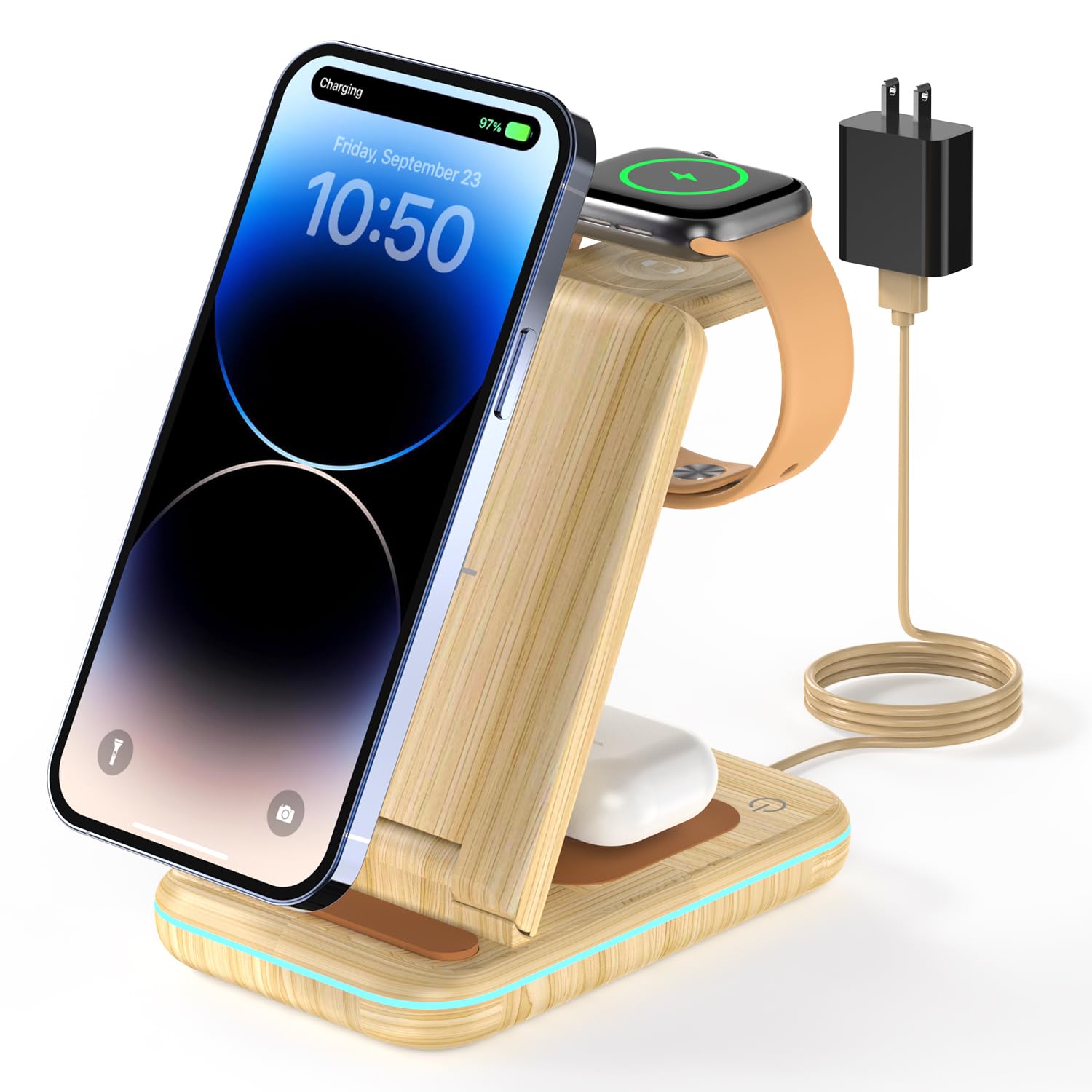 GEEKERA 3-in-1 Wireless Charging Stand for iPhone 16/15/14/13/12/11 Pro Max/X/8, Apple Watch Ultra/SE/8/7/6/5/4/3/2 & AirPods Pro/3 - Fast Qi-Certified Charger Dock Station for Bedside, Office & Travel