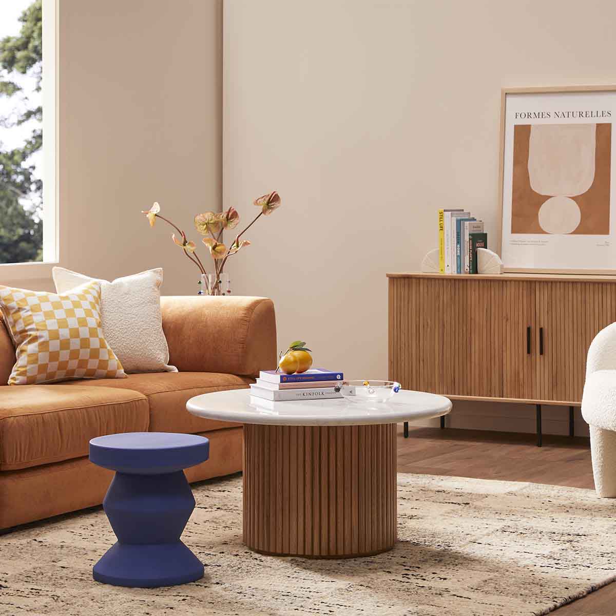Modern Oak & Carrara Marble Coffee Table - 85cm Round Living Room Centerpiece for Home Decor, Lounge & Office Spaces