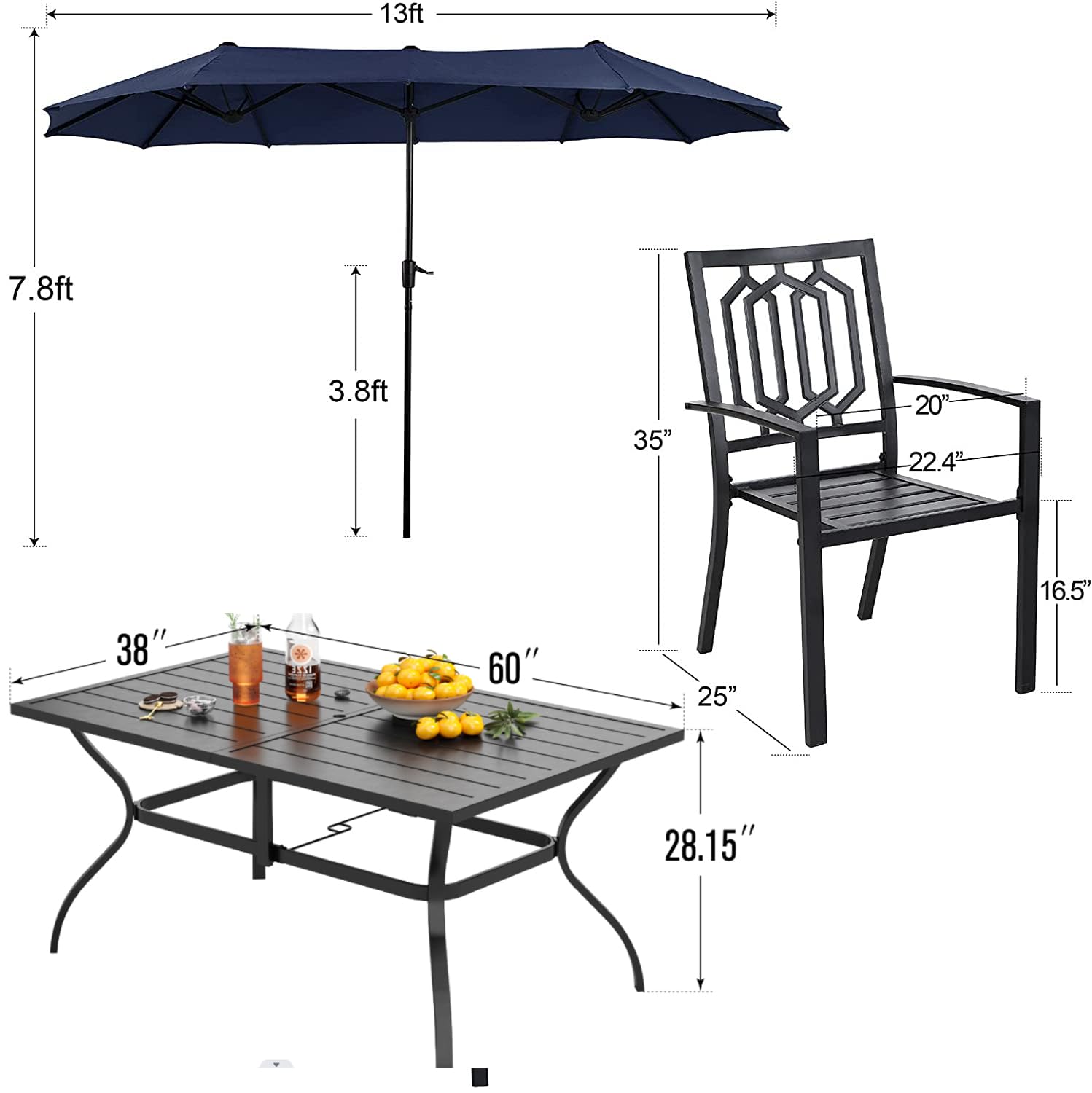 PHI VILLA 8-Piece Outdoor Patio Dining Set with 13ft Double-Sided Umbrella (Navy Blue) - 6 Stackable Metal Chairs & 60