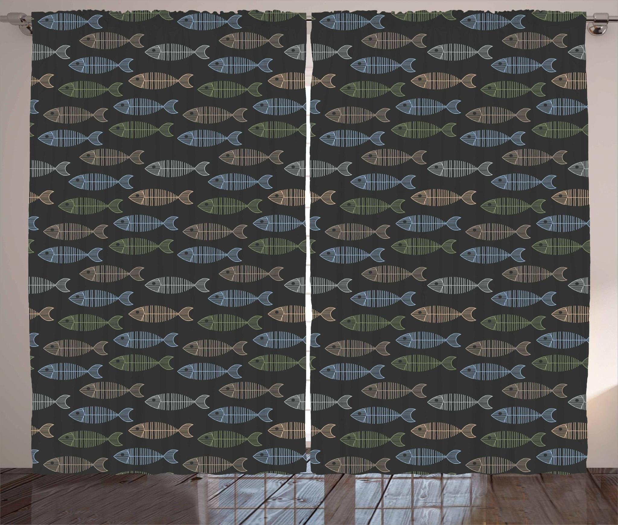 Ambesonne Vintage Geometric Fish Curtains - Retro Marine Pattern with Fish Skeleton Design, 2 Panel Set for Living Room & Bedroom (108