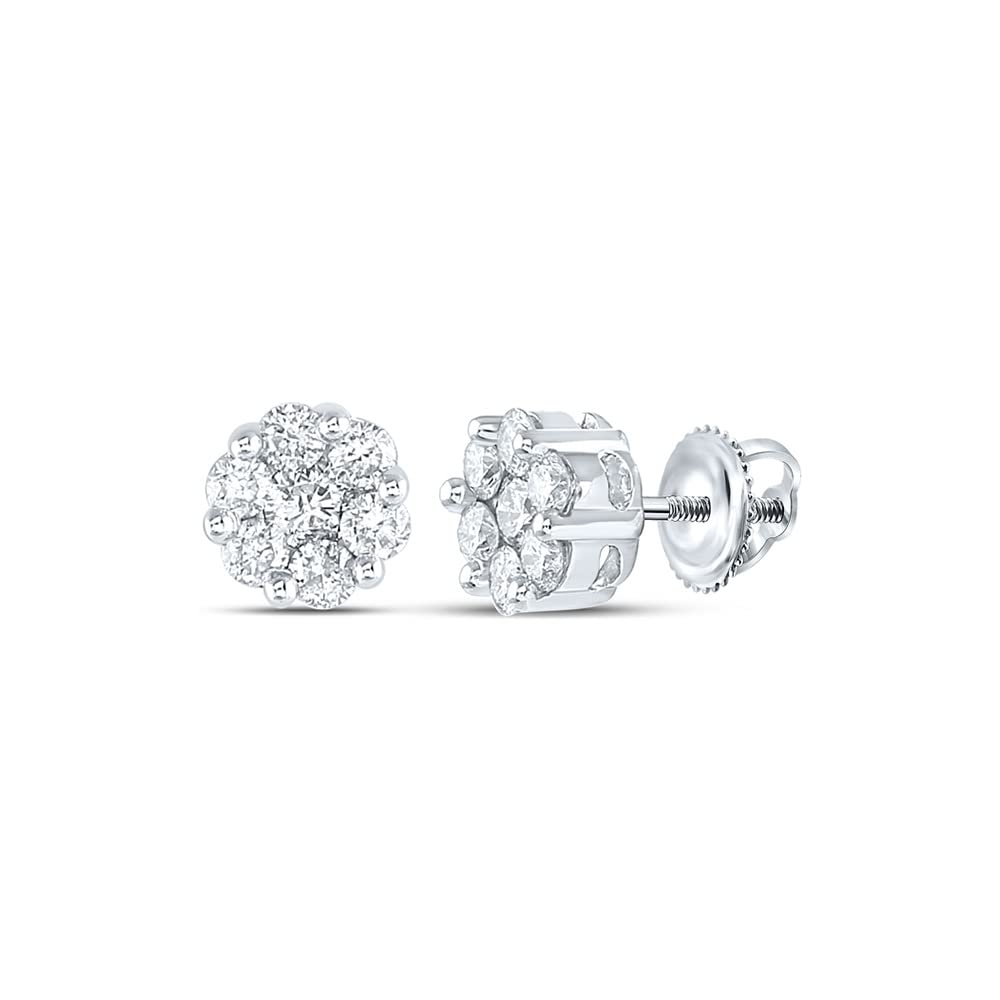 14K White Gold Round White Diamond Flower Cluster Earrings for Women - 1 CTTW Dazzlingrock Collection | Elegant Jewelry Gift for Anniversary, Wedding & Special Occasions