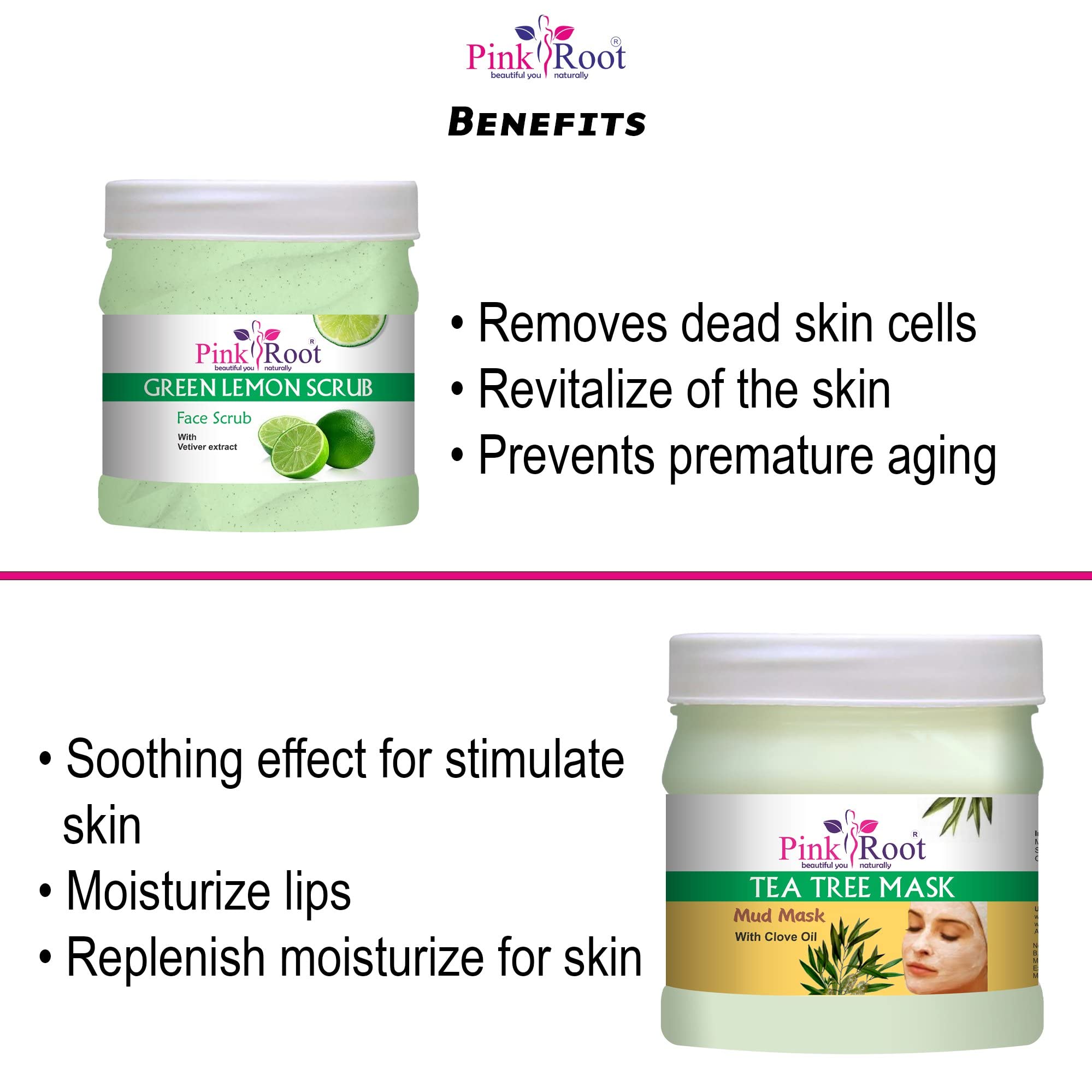 Pink Root Green Lemon Scrub 500g & Tea Tree Mud Mask 500g - Exfoliating Facial Treatment for Acne & Blackheads | Spa Day & Skincare Routine Essential
