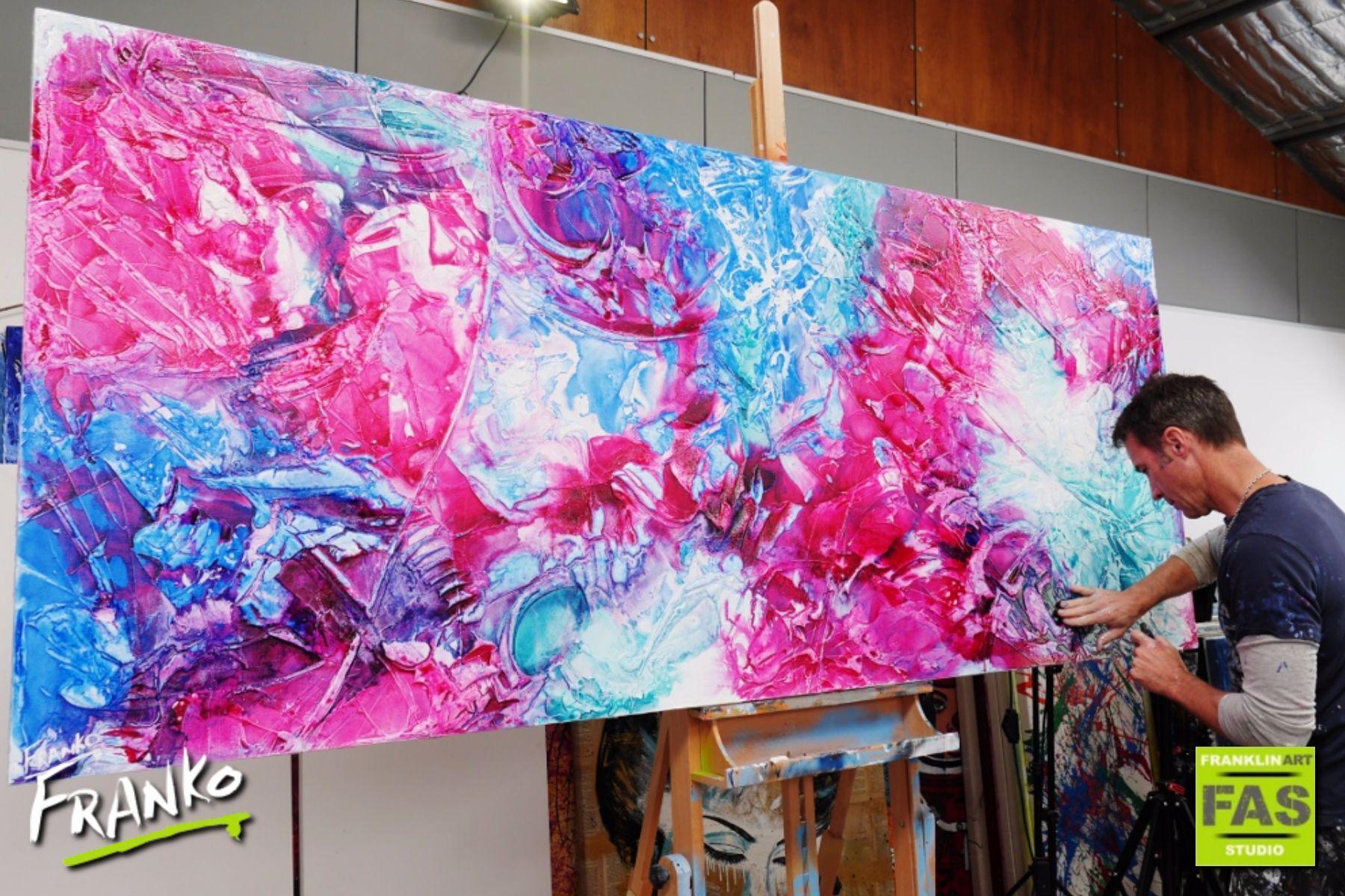 240cm x 100cm Pink Blue Abstract Canvas Painting - Modern Wall Art for Living Room, Bedroom & Office Decor | Ink Jazz Style Large Contemporary Artwork