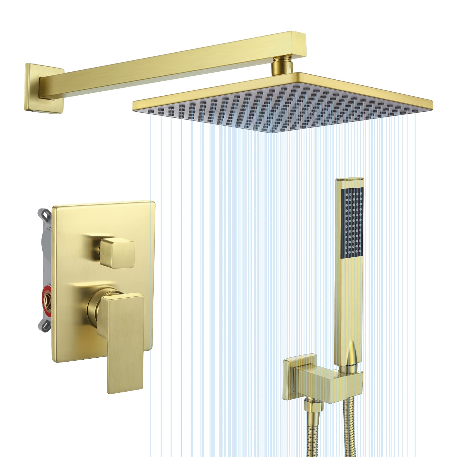 Premium KES Shower System - Brushed Gold Wall Mounted Rain Shower Head with Handheld Sprayer & Square Valve Kit (XB6223-BZ) for Modern Bathroom Renovation - Perfect for Master Bath, Guest Bath & Spa-Like Shower Experience