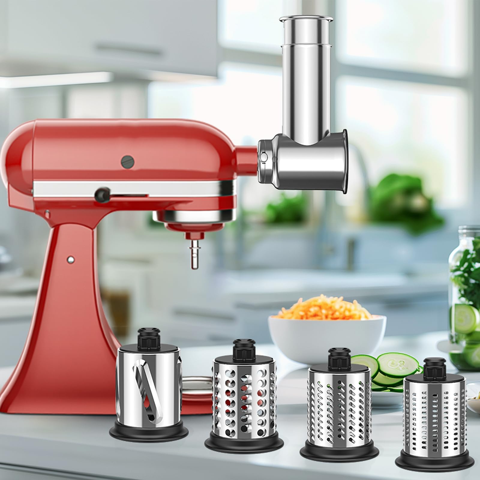 FGREEBLE 4-in-1 Stainless Steel Food Processor Attachment for KitchenAid Stand Mixer - Slicer, Shredder, Cheese Grater & Salad Maker with Grinding Function | Perfect for Meal Prep, Pizza Toppings & Healthy Cooking