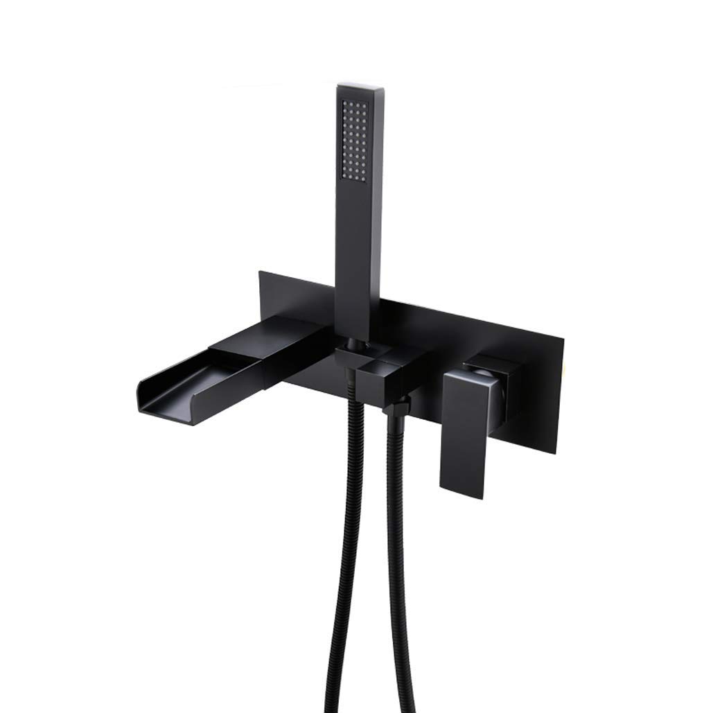 Black Brass Bathtub Faucet Set with Waterfall Spout & Handheld Shower - Wall Mounted Bath Shower Combo for Modern Bathrooms | Perfect for Spa-Like Relaxation and Luxurious Bathing Experience