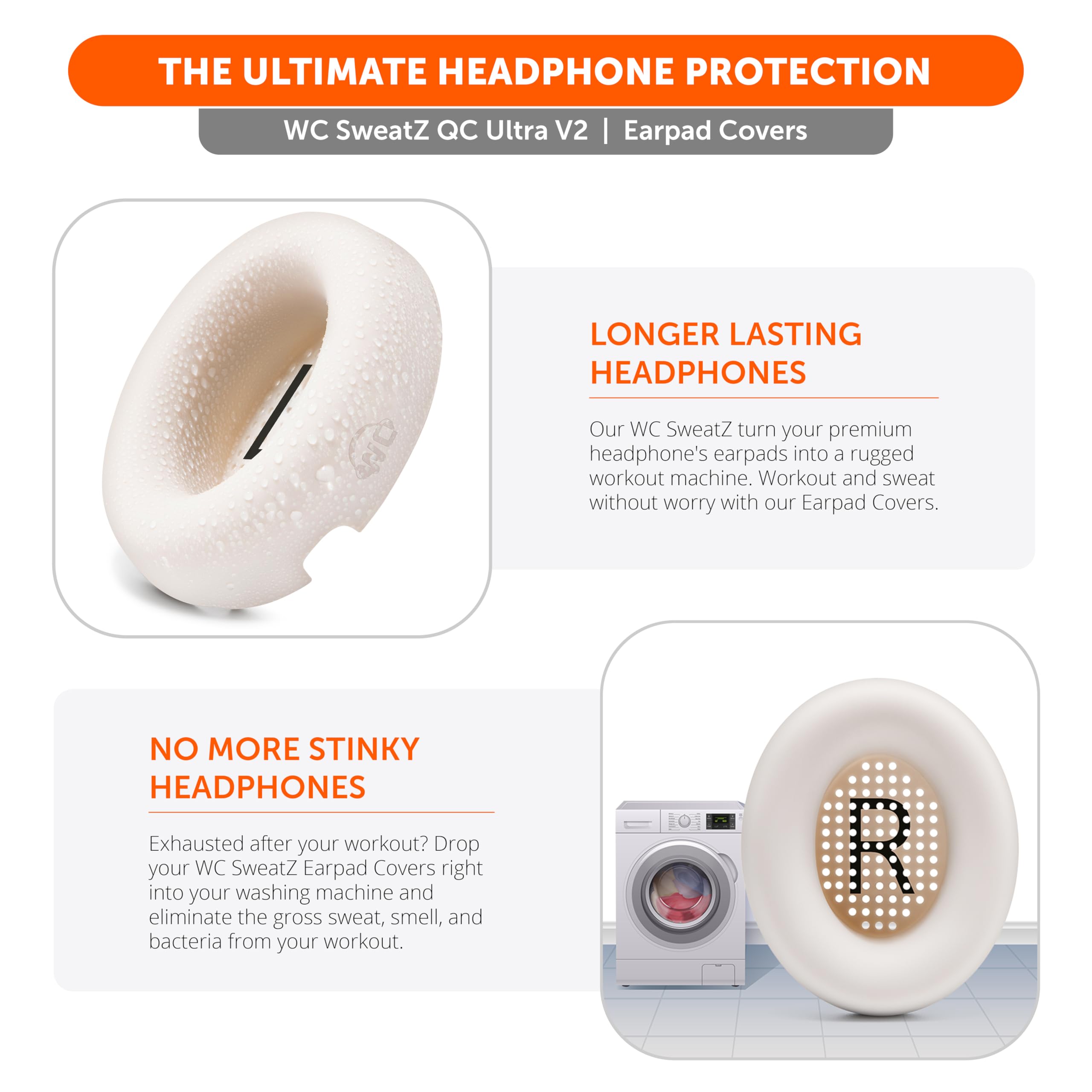 Wicked Cushions WC SweatZ QC Ultra V2 - Patented Sweatproof Earpad Covers for Bose QuietComfort Ultra Headphones | Washable Protective Cushion Covers | White Smoke | Perfect for Workouts, Travel & Noise Cancelling Use