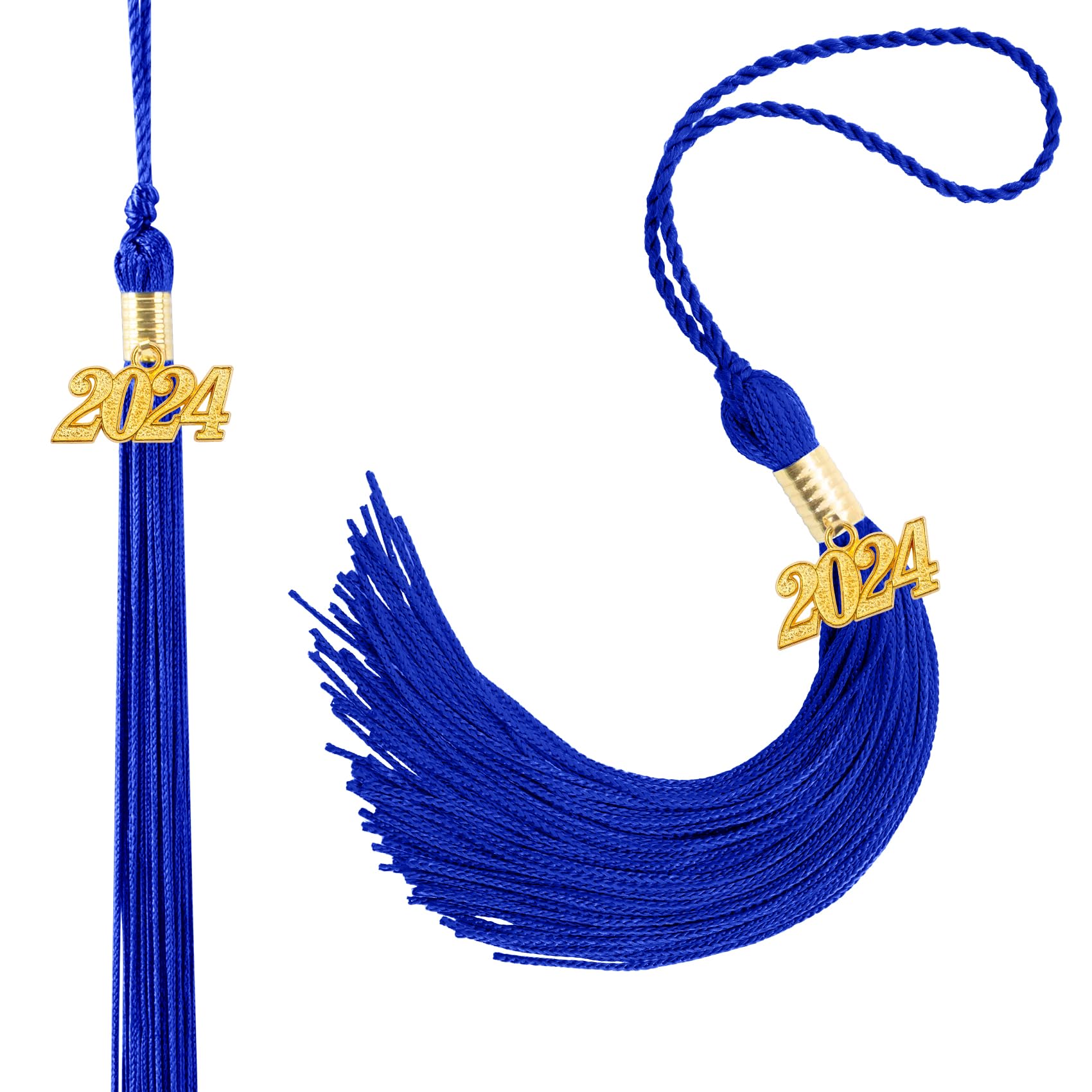 2024 Graduation Tassel Set - 2 Pack Gold Charm Tassels for Graduation Caps & Hats - Class of 2024 Commencement Accessories in Blue - Perfect for High School & College Graduation Ceremonies, Photo Props & Party Decorations