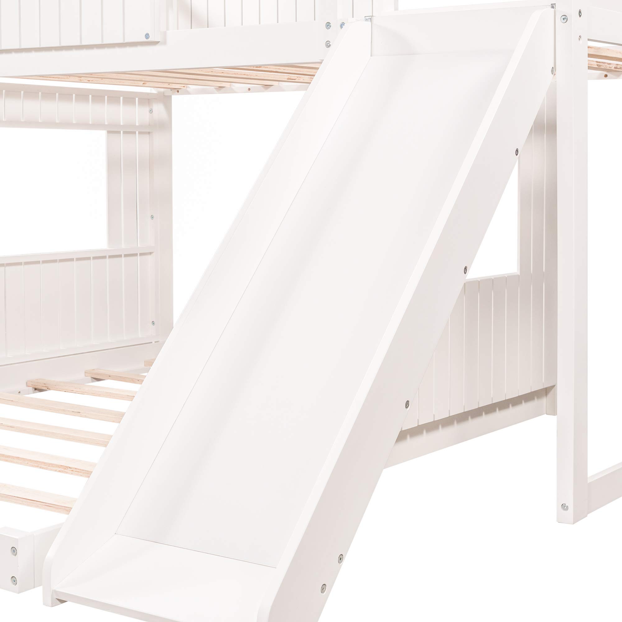Quarte Twin Over Full Bunk Bed with Slide & Ladder - Solid Wood Loft Bed Frame with Playhouse, Farmhouse Design & Safety Guardrails - Perfect for Kids, Teens, Boys & Girls (White) - Ideal for Small Bedrooms, Playrooms & Shared Kids' Spaces