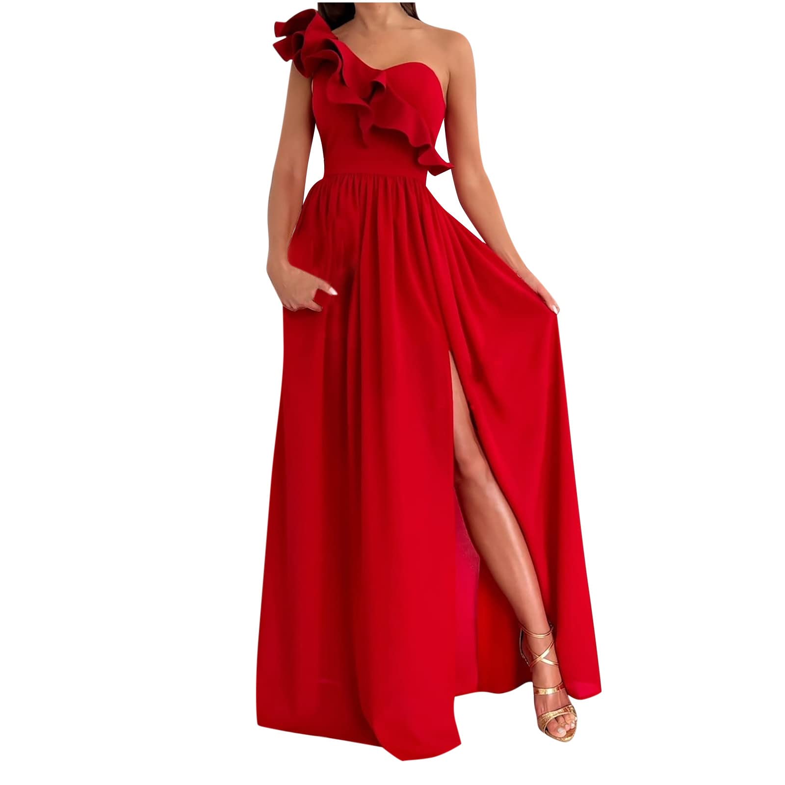 Vikakiooze Women's Sexy One Shoulder Ruffle Slit Maxi Dress - High Waist Ruched Long Dress in Red | Perfect for Evening Parties, Date Nights & Special Occasions