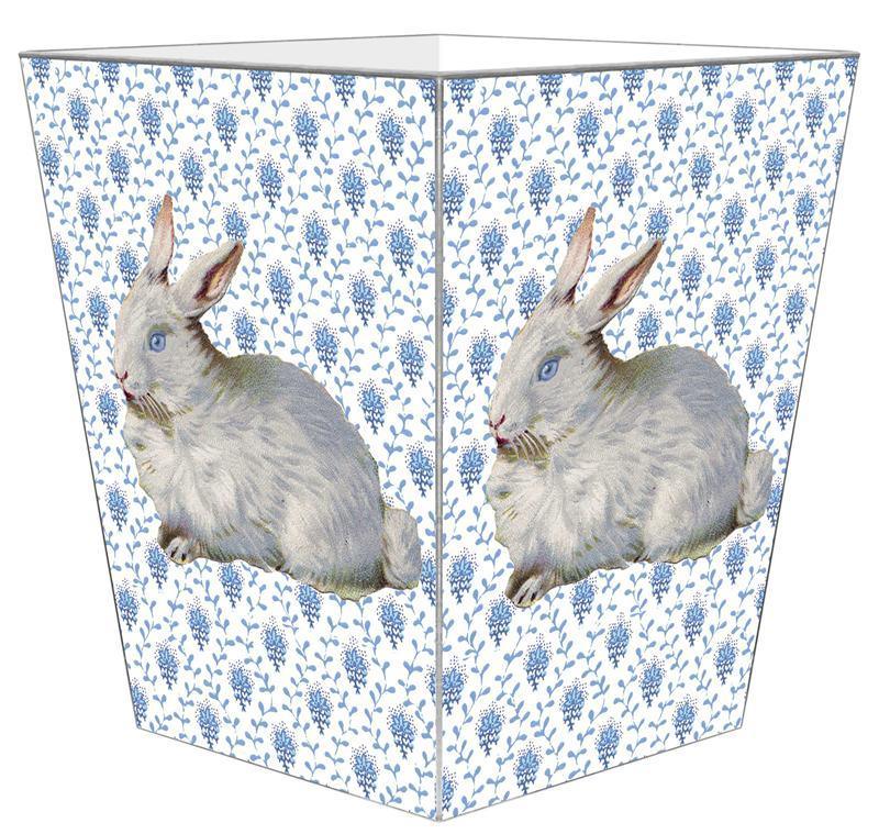 Blue Provincial Print Bunny Decoupage Wastebasket with Optional Tissue Box Cover - Perfect for Nursery, Bathroom, and Home Office Organization