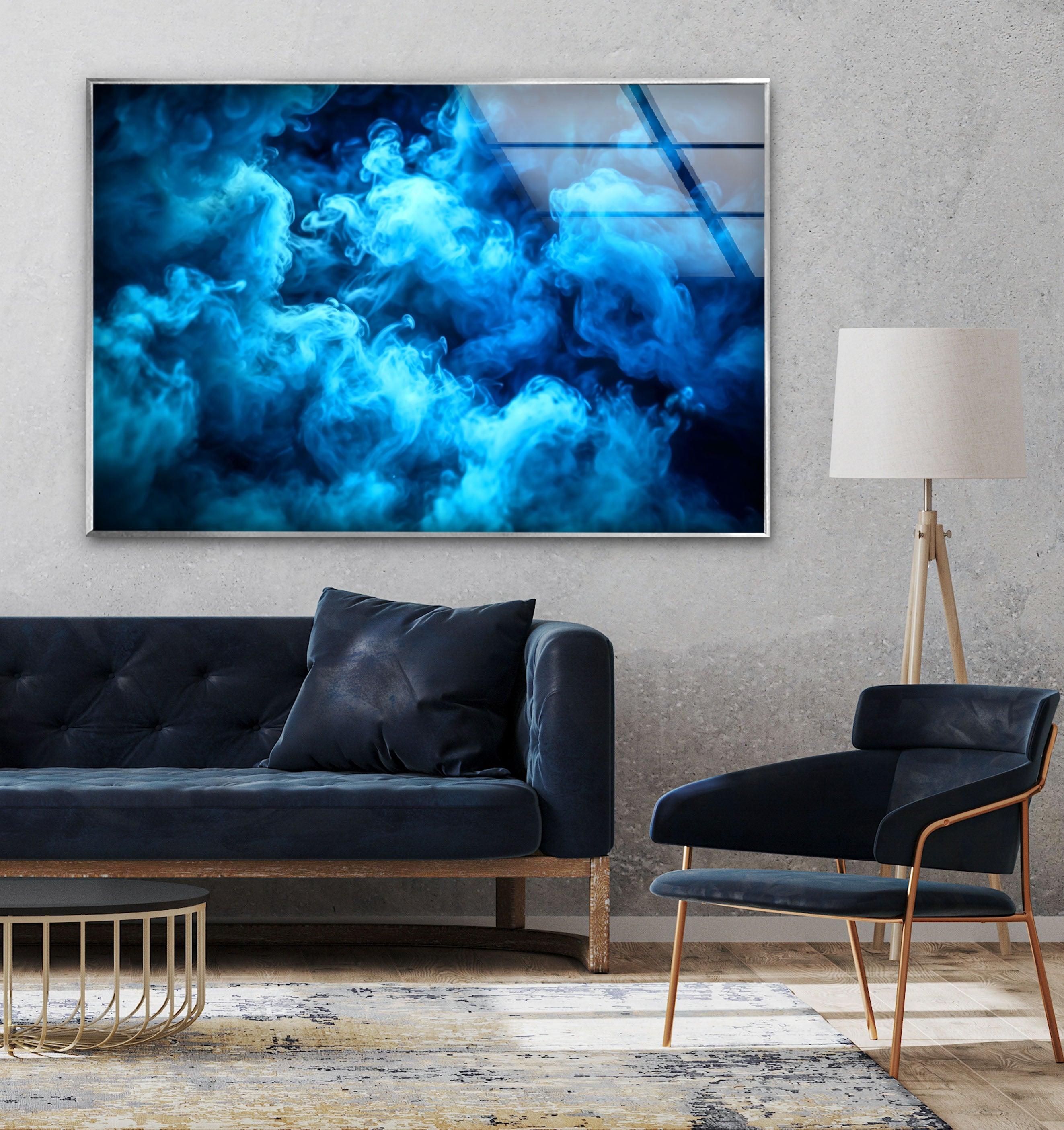 Blue Smoke Glass Wall Art - Modern Abstract Decor for Living Room, Bedroom & Office - Handmade Glass Artwork for Home & Office Decor