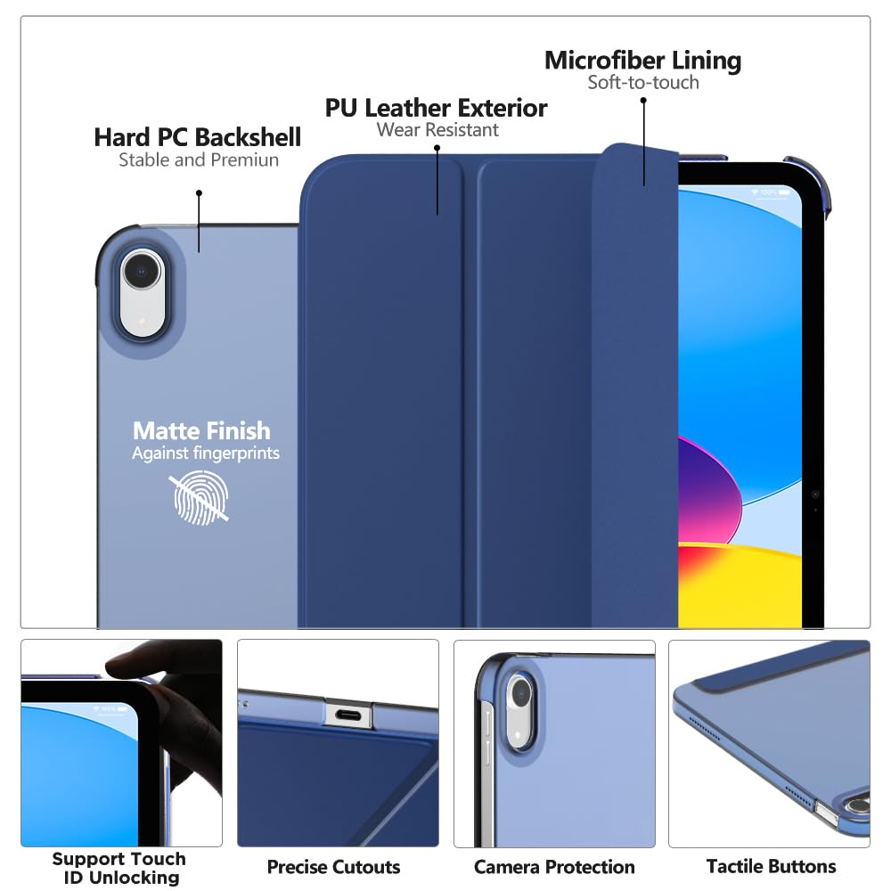 MoKo Slim Stand Protective Case for iPad 11th Gen (2025) & 10th Gen (2022) - Hard PC Translucent Back Cover with Touch ID Support - Navy Blue - Perfect for Work, School & Travel