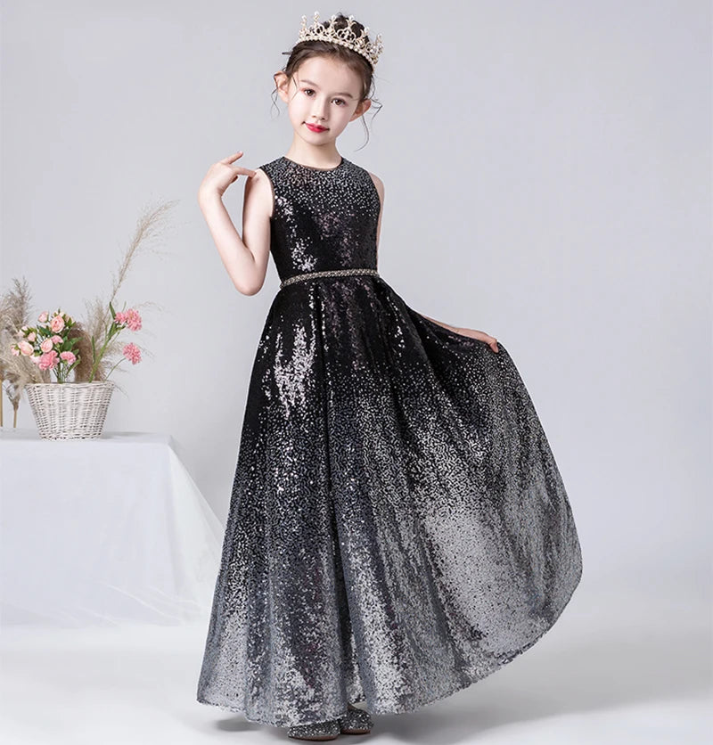 Sparkly O Neck Flower Girl Dress with Sequins - Elegant Long Formal Party Gown for Weddings, Pageants & Special Occasions