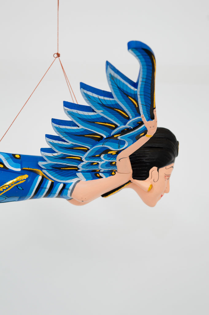 Blue Dewi Sri Goddess Flying Angel Hand Painted Sculpture - Handcrafted Hindu Statue for Home Altar, Yoga Studio Decor & Spiritual Gift