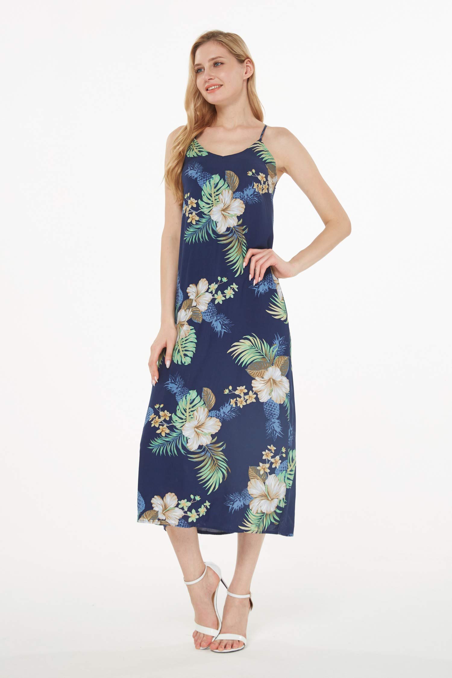 Hawaiian Luau Pineapple Print Maxi Dress for Women - Navy Blue Sweetheart Neckline Summer Beach Party Dress | Perfect for Luau, Vacation, and Tropical Getaways