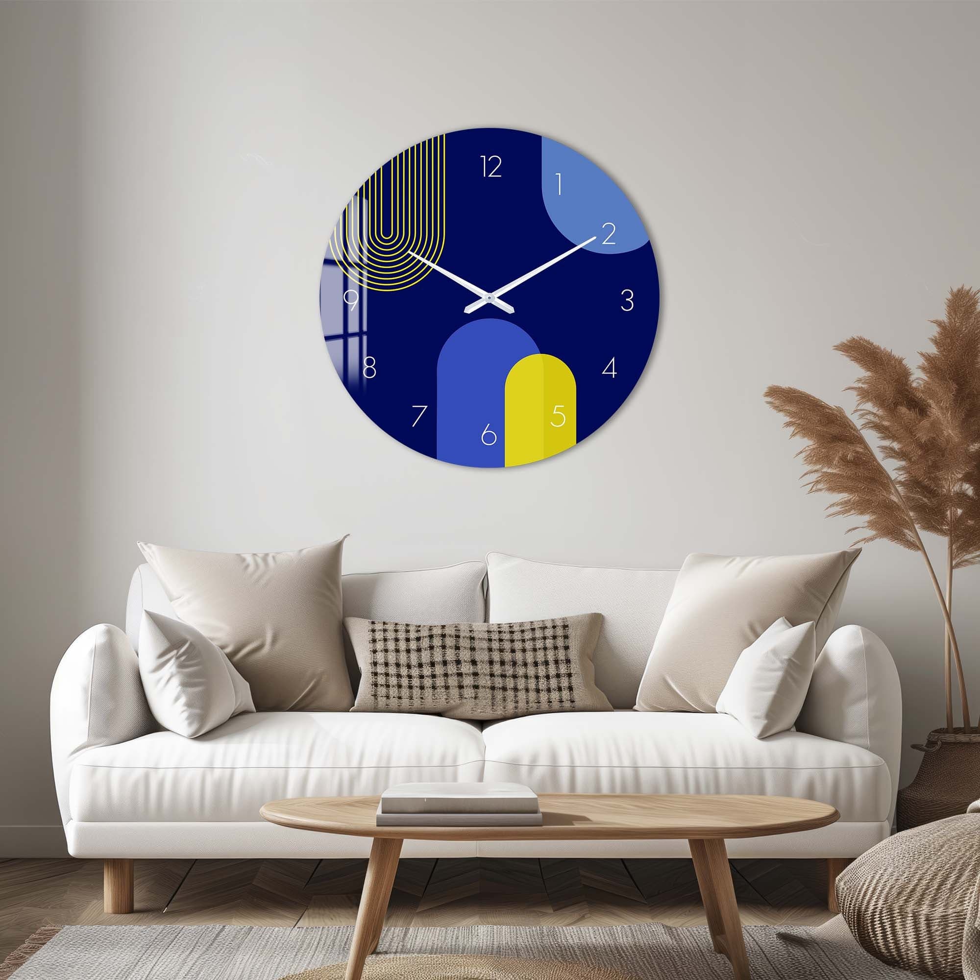 Stylish Puffy Blue & Yellow Glass Wall Clock - Modern Home & Office Decor for Living Room, Bedroom, Kitchen