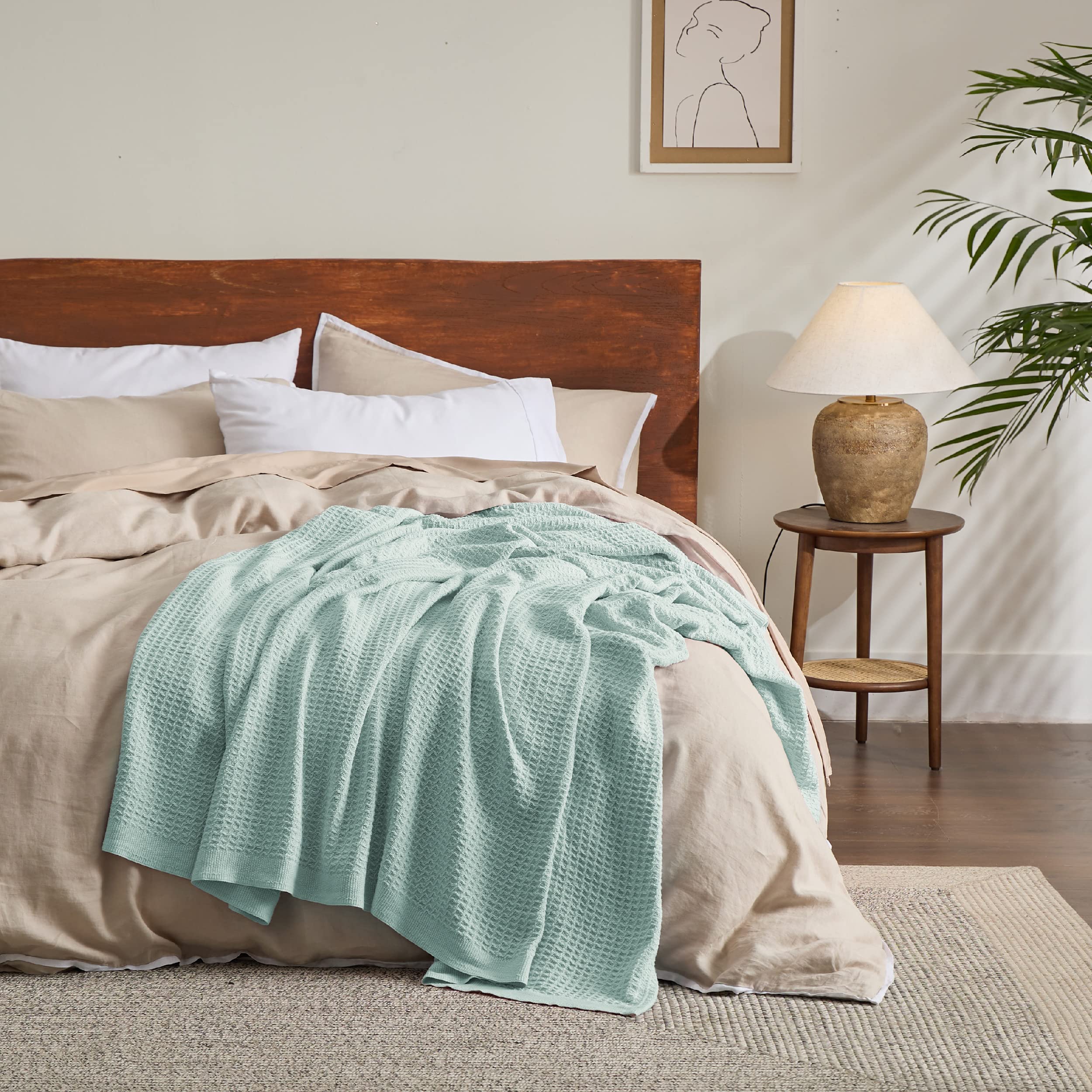 Bedsure 100% Cotton King Size Blanket - Ultra Soft & Breathable Waffle Weave Bedding for Summer & Spring, Mint Green, 104x90 Inches - Perfect for Cozy Nights, Guest Rooms & Air Conditioning Comfort